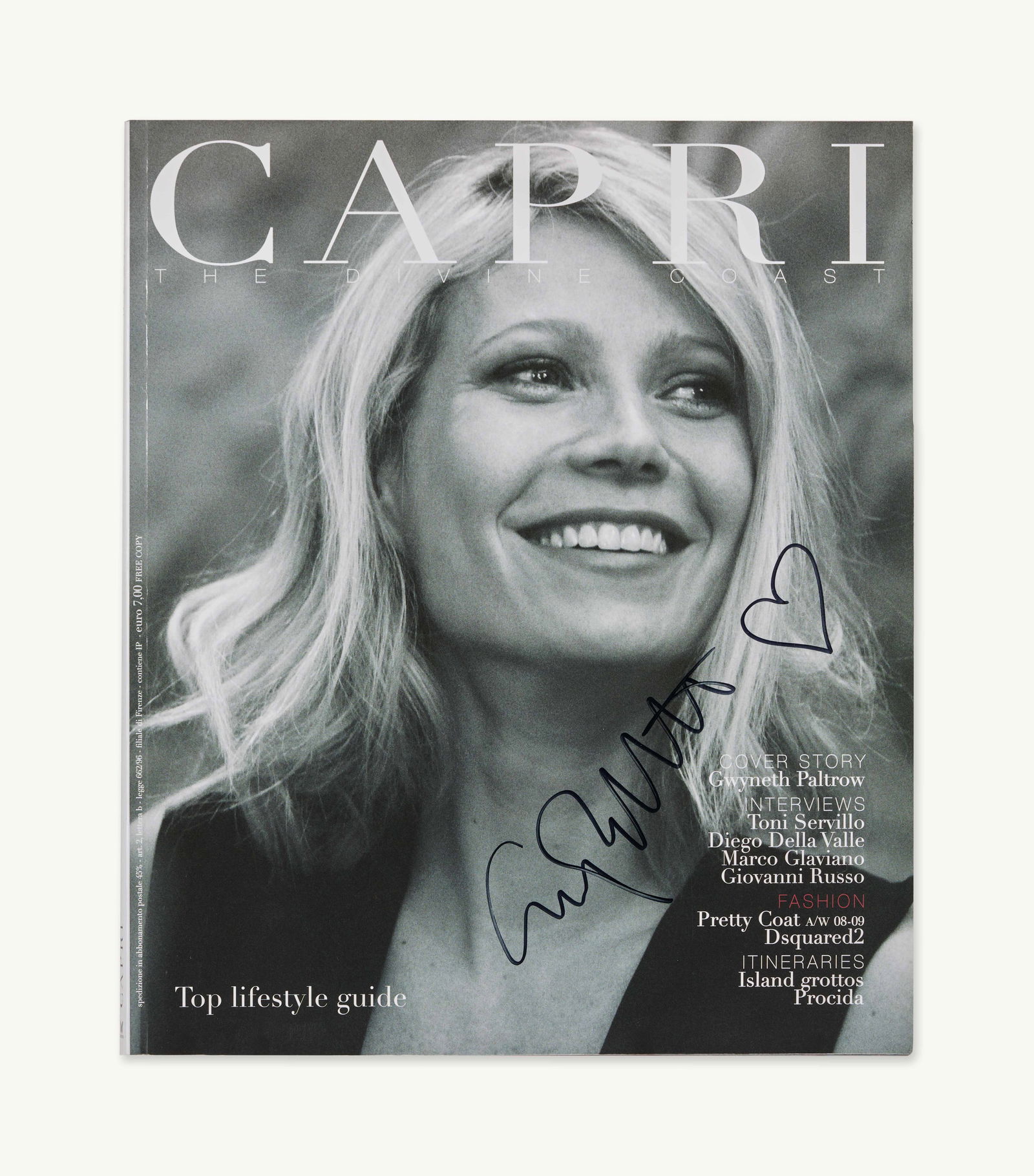 Gwyneth Paltrow | 2008 Signed CAPRI Magazine: A signed 2008 CAPRI THE DIVINE COAST magazine issue signed by Gwyneth Paltrow. The Summer issue features Gwyneth Paltrow (photographed by Piero Oliosi/ Grazianeri) on the cover with her signature hand