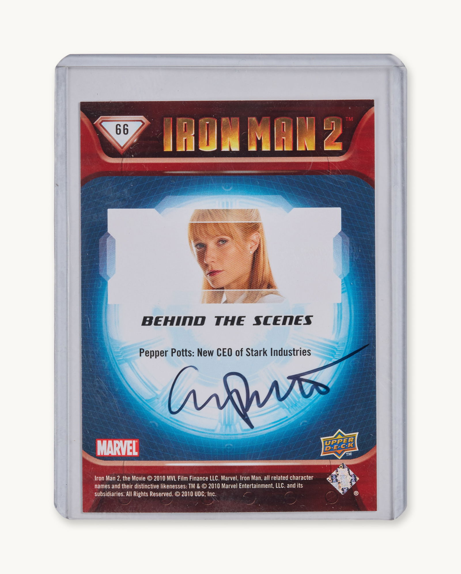 Gwyneth Paltrow | Signed Iron Man 2 Trading Card: An iron man 2 trading card signed by Gwyneth Paltrow. The trading card is from the Marvel film Iron man wear Paltrow played Pepper Potts, the new CEO of Stark industries.Released in 2008, Iron Ma