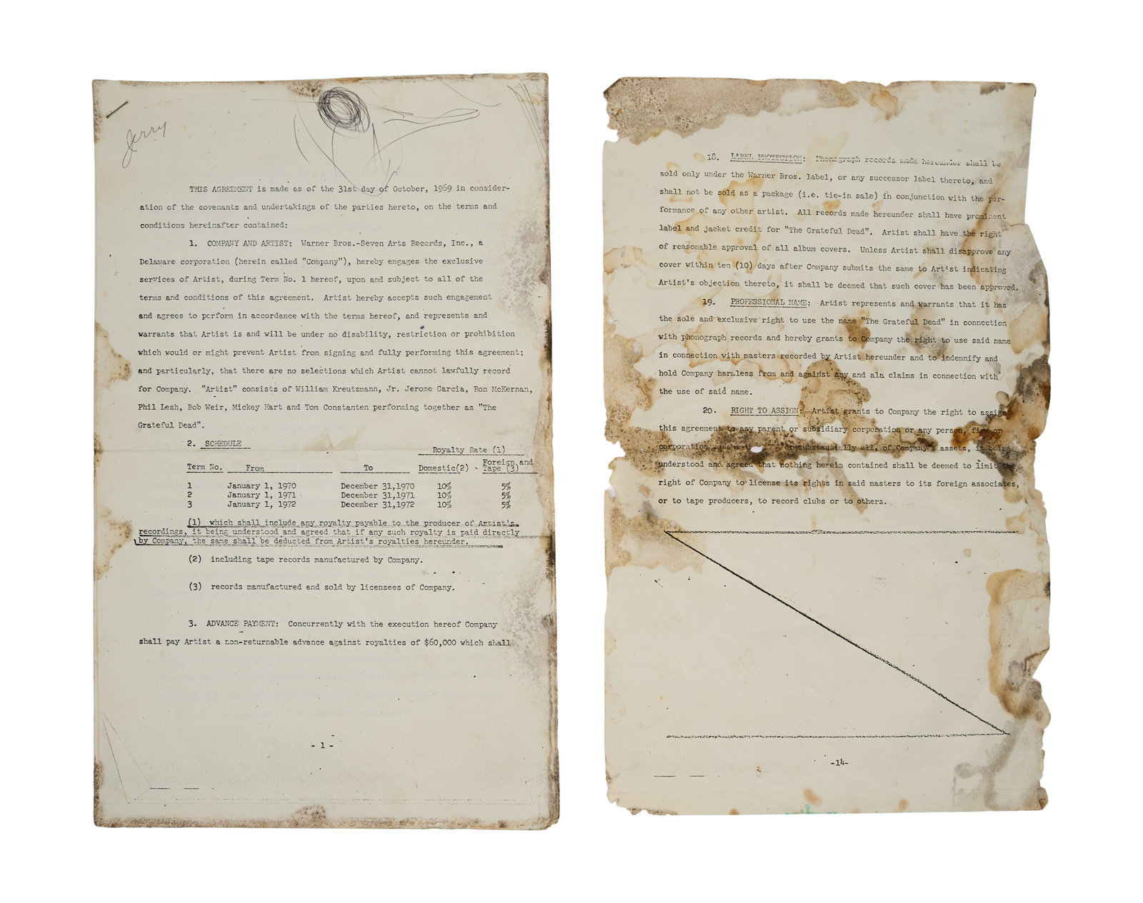 Grateful Dead | Debut Album Contract 1969 Mimeograph with 1970-1972 Royalty Schedule (Jerry's Copy) (1 of 15)