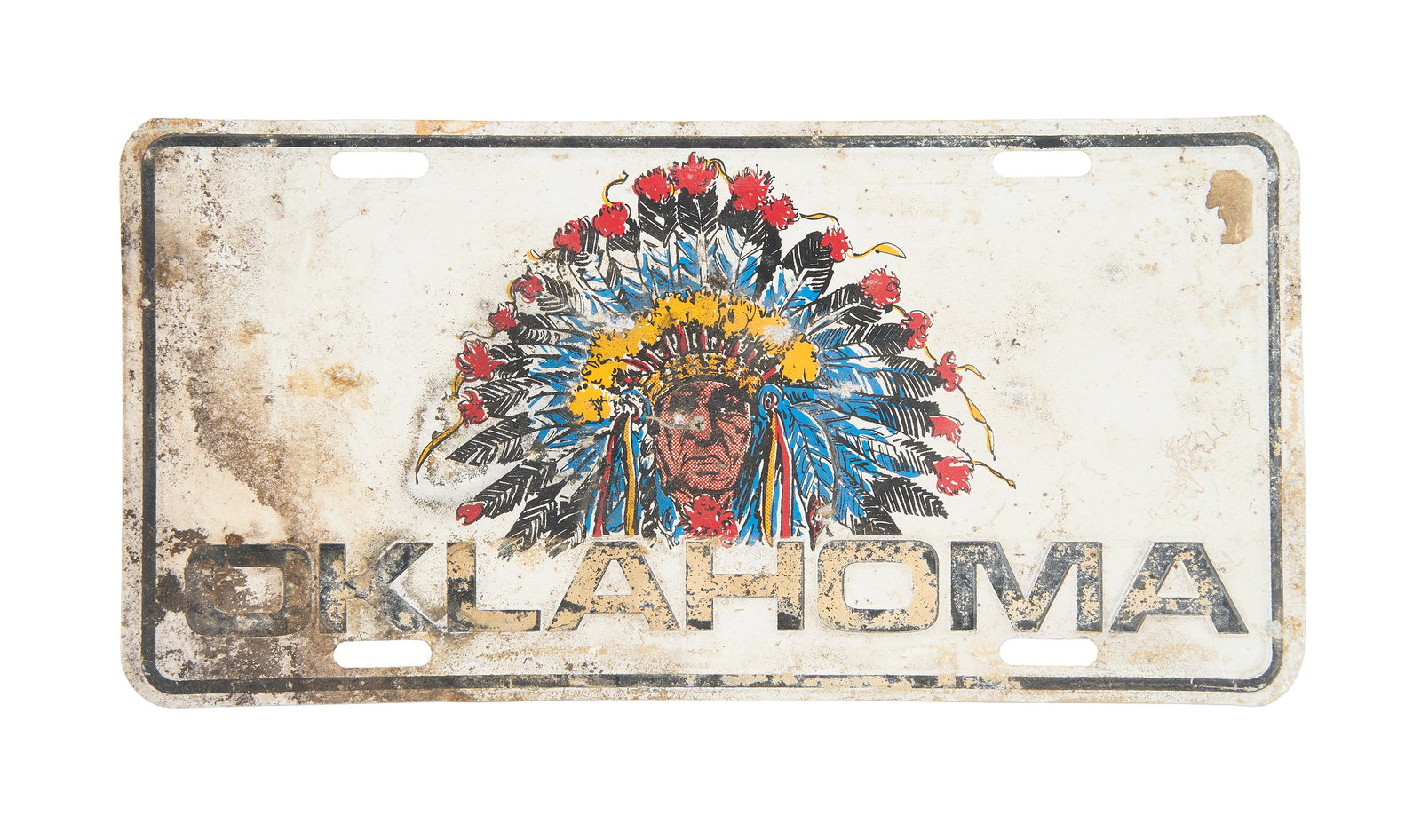 "Big Steve" Parish | OKLAHOMA License Plate Thrown On Stage By Fan: A vintage Oklahoma license plate with a Native American graphic on the front thrown by a fan on stage at a Grateful Dead concert c. late 1970s-early 1980s. "Big Steve" Parish would collect these