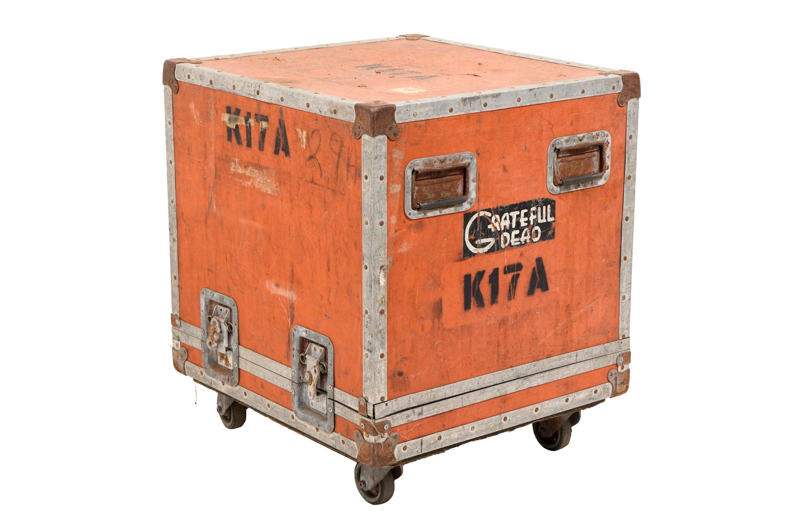 Bob Weir | Orange K17A Amplifier and Pedal Road Case: An orange road case from The Grateful Dead used for amplifiers, marked K17A in black stenciled spray paint. Inside the case is a matching orange rack for mounted equipment and a piece of tape on