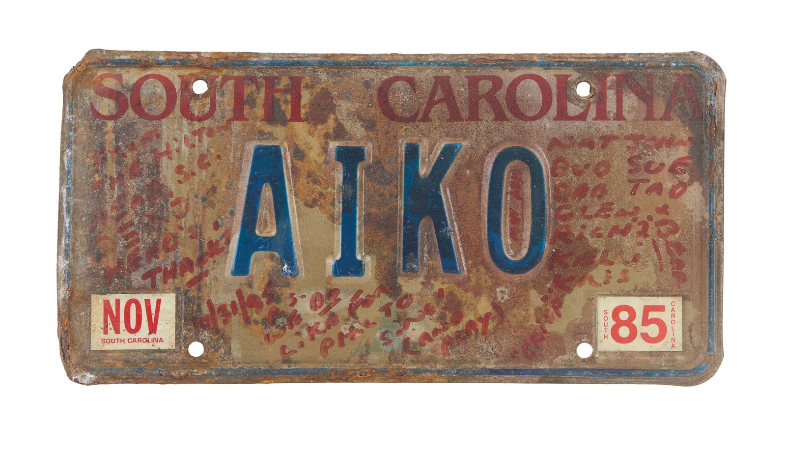 "Big Steve" Parish | AIKO License Plate Thrown On Stage By Fan: A vintage South Carolina license plate that reads "AIKO " thrown by a fan on stage at a Grateful Dead concert c. late 1970s-early 1980s with additional messages handwritten in red marker. "Big Steve"
