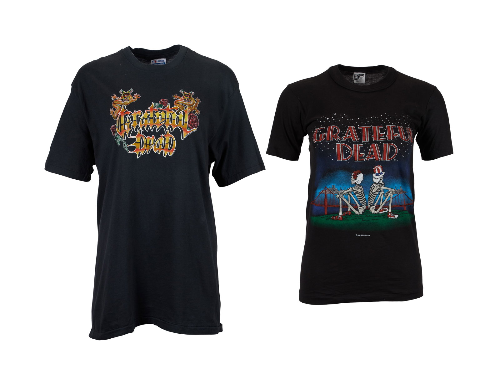 "Big Steve" Parish | Vintage 1980s Chinese Lunar New Year and San Francisco Tour T-Shirts: Two vintage Grateful Dead tour t-shirts including: a black cotton t-shirt with Chinese-inspired graphic related to the1986 Lunar New Year which was Year of the Dragon labeled "Hanes "
