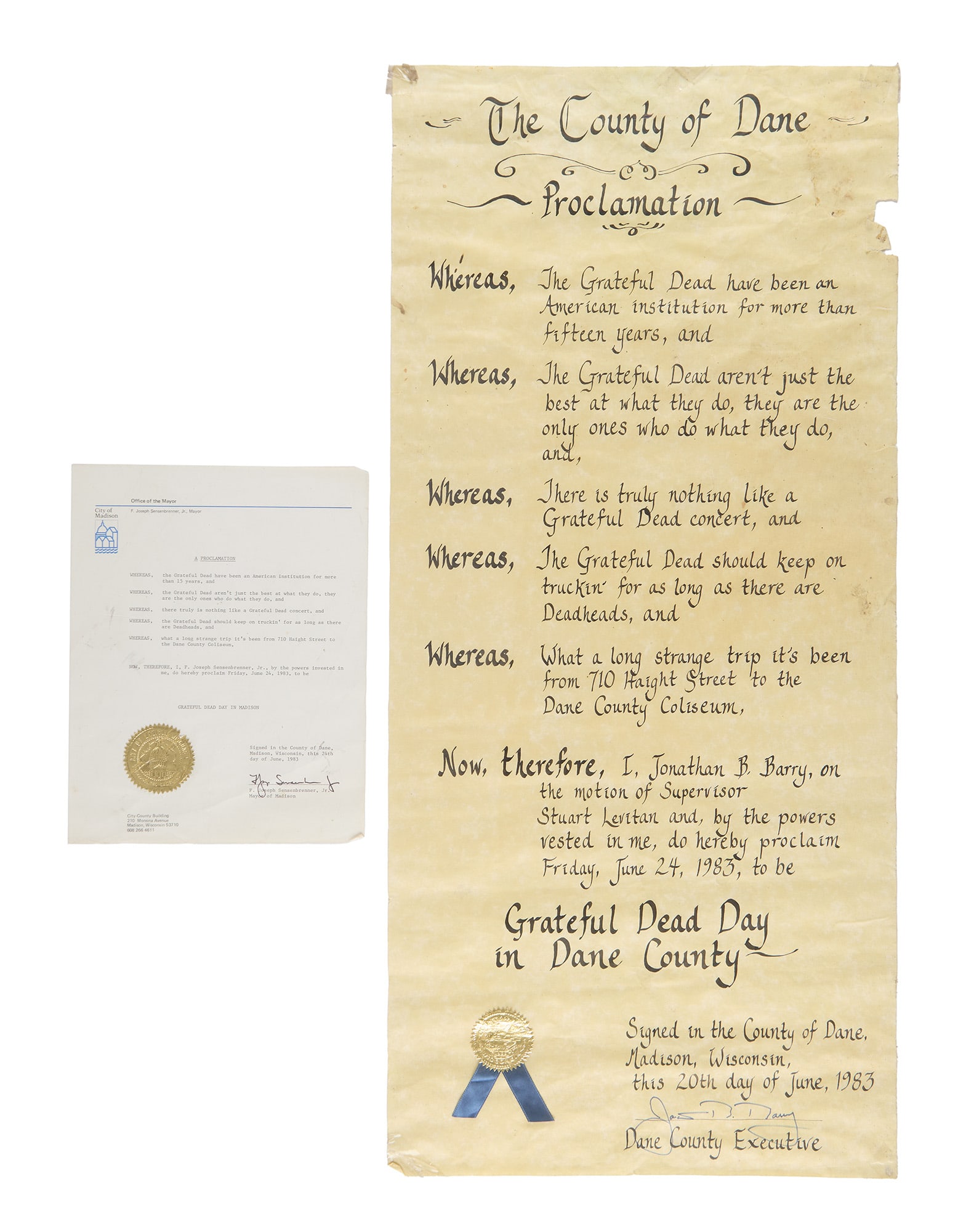 Grateful Dead | 1983 Dane County "Grateful Dead Day" Proclamation with Letter (1 of 2)