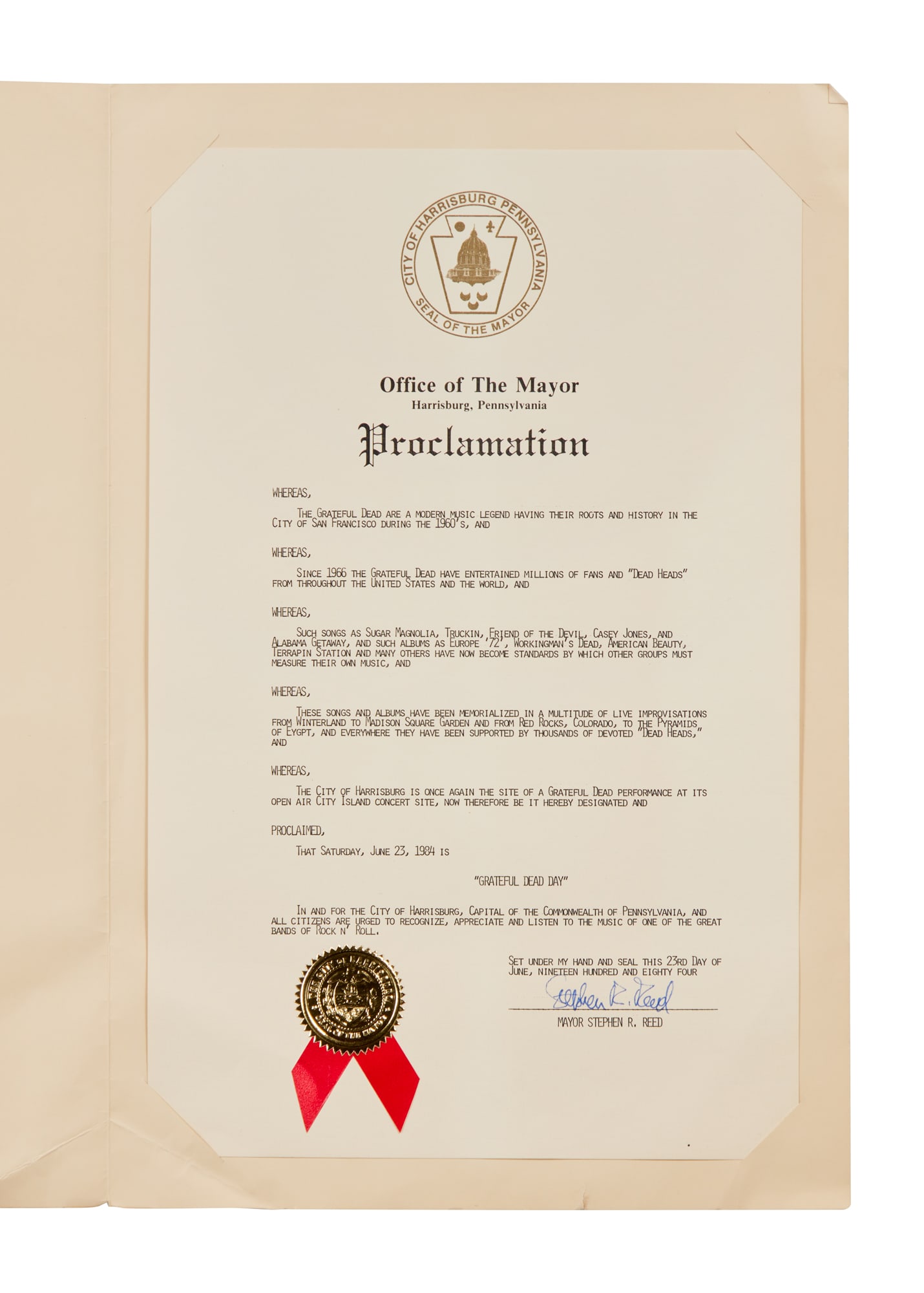 Grateful Dead | 1984 Harrisburg, Pennsylvania "Grateful Dead Day" Proclamation (1 of 5)