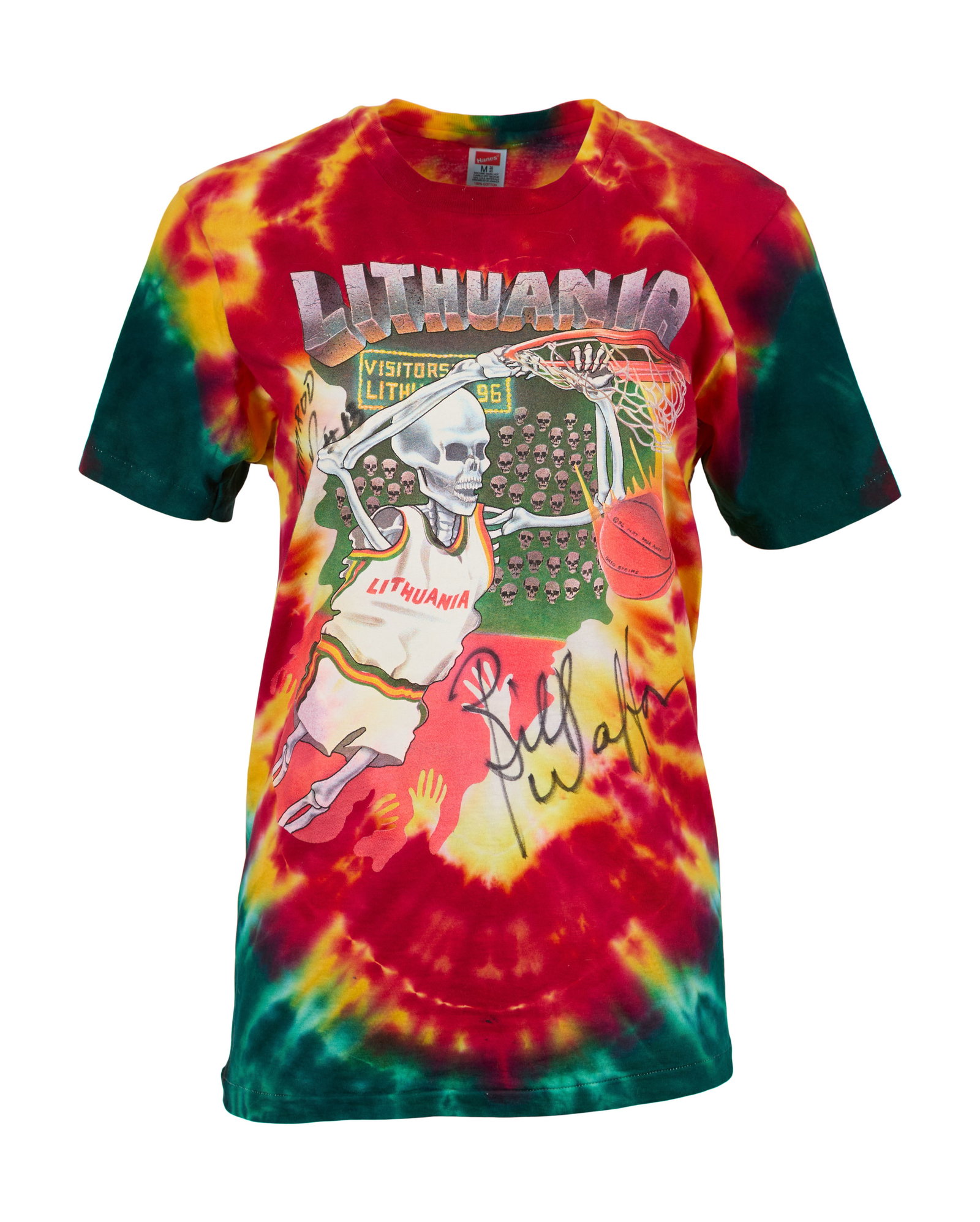 Grateful Dead | Lithuanian Basketball Tie-Dye T-Shirt Signed by Bill Walton and Sarunas Maciulionis: A Grateful Dead-style tie-dye t-shirt made for the Lithuanian basketball team to compete in the 1992 Barcelona Olympics signed by players' Bill Walton and Sarunas Maciulionis to roadie 