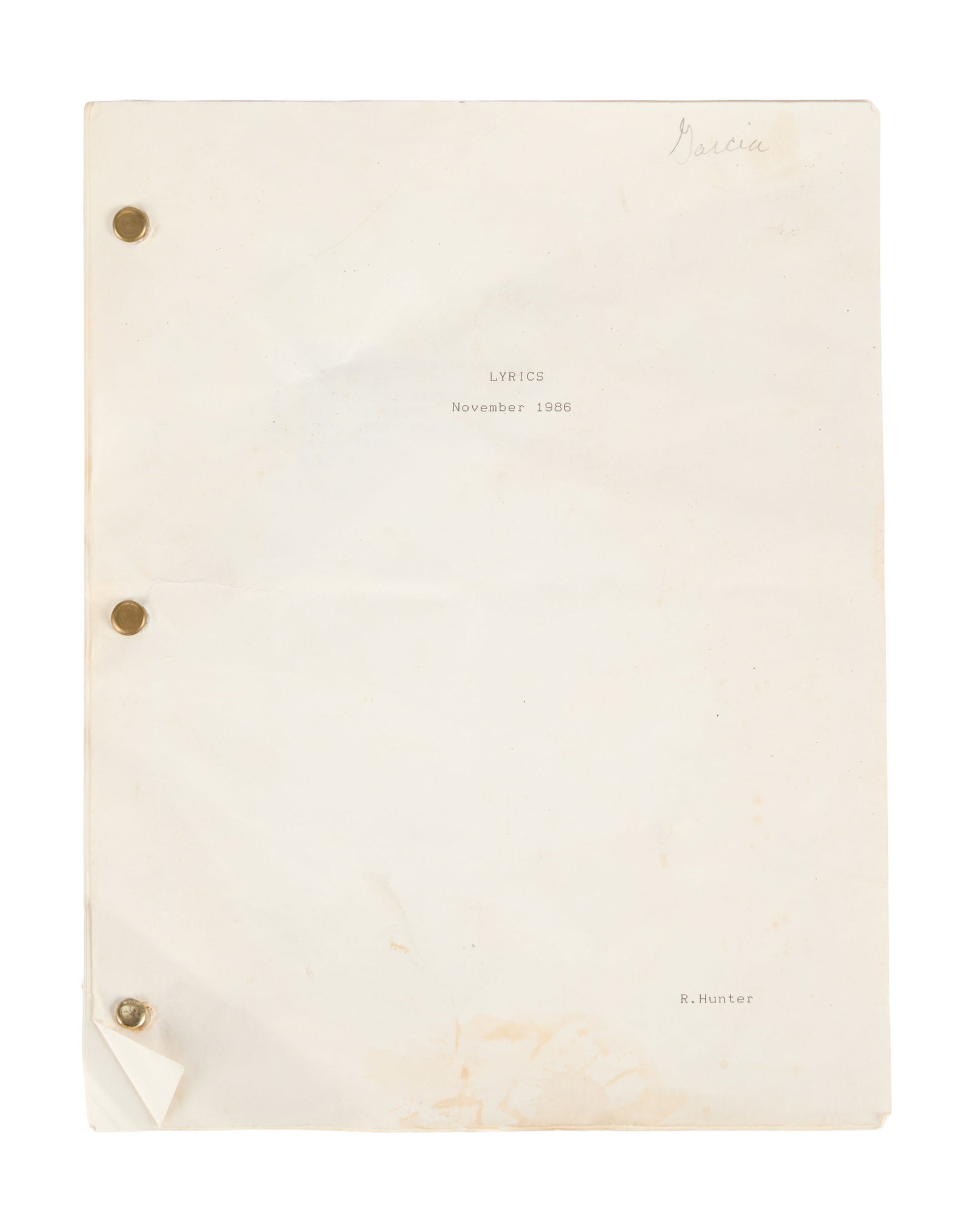 Robert Hunter | 1986 Typewritten Lyrics with List, Jerry's Copy (1 of 5)