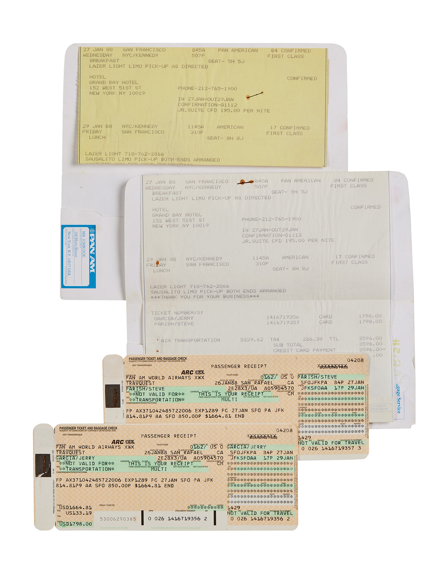 Jerry Garcia | 1988 Ornette Coleman "Virgin Beauty" First Class Pan Am Tickets: A pair of First Class Pan Am tickets from San Francisco to New York, dated January 26, 1988. One ticket is for Jerry Garcia and the other is for "Big Steve" Parish.The tickets were from when Jerry