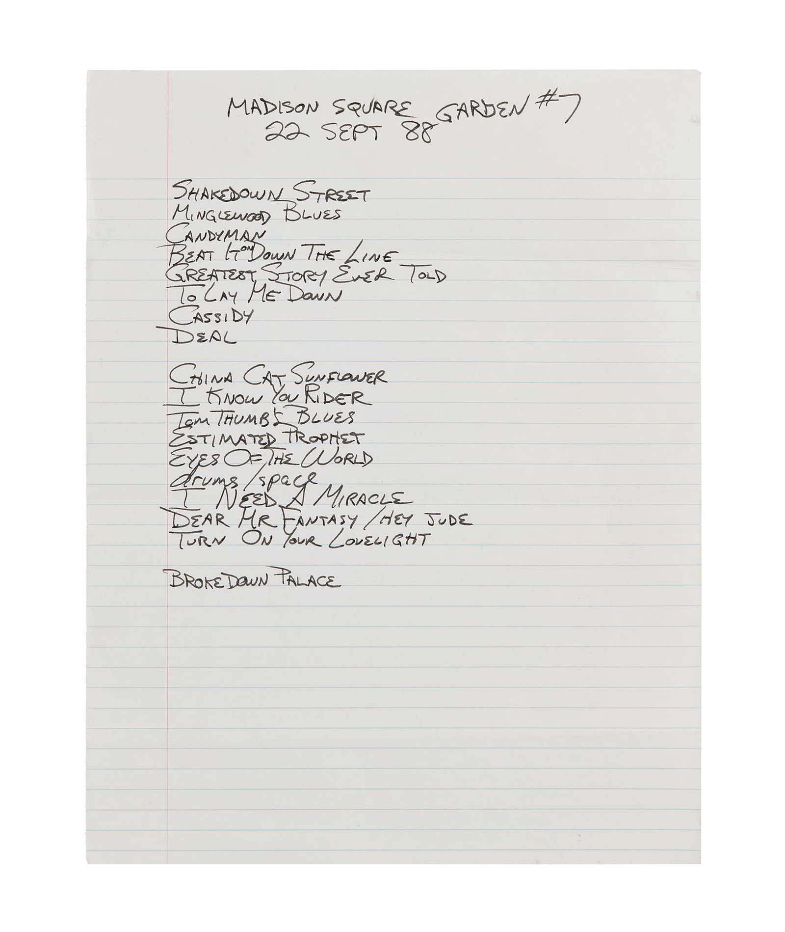 Grateful Dead | 1988 Jan Simmons "Madison Square Garden #7" Handwritten Setlist (1 of 2)