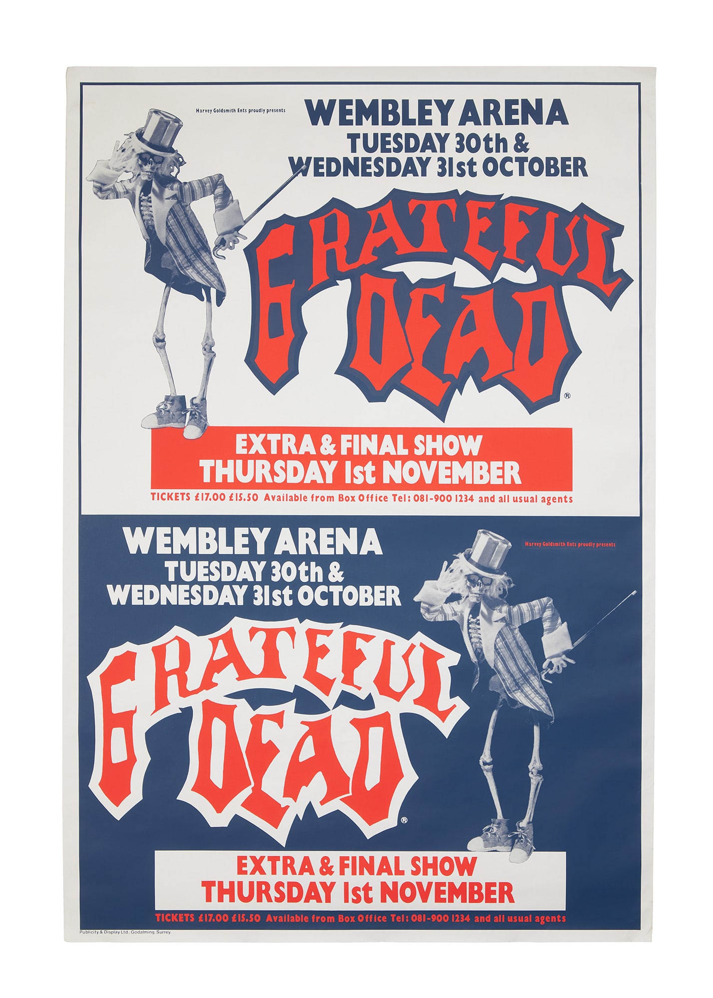 Grateful Dead | 1990 Wembley Arena European Tour Poster: A large white poster featuring a red and blue graphic promoting the Grateful Dead's performances at Wembley Arena in London on October 30 and 31, 1990 as part of their final European tour. These