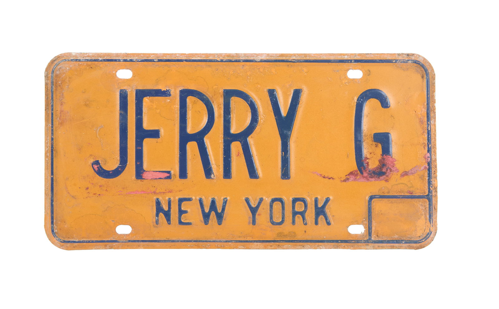 Grateful Dead | JERRY G License Plate Thrown On Stage By Fan: A vintage New York license plate that reads "JERRY G " thrown by a fan on stage at a Grateful Dead concert c. late 1970s-early 1980s. "Big Steve" Parish would collect these plates after performances.