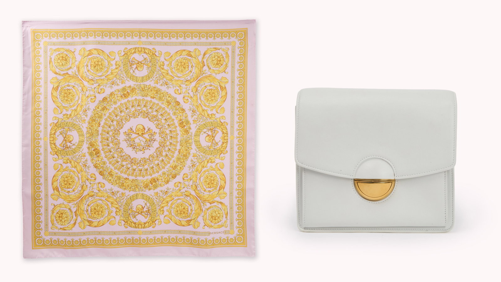 And Just Like That... | Charlotte York-Goldenblatt Proenza Schouler Handbag and Versace Scarf: A handbag and scarf for Charlotte York from the production of And Just Like That? (HBO Max, 2021-2025). A Proenza Schouler white leather Dia shoulder bag, with a price tag from Neiman Marcus stamped