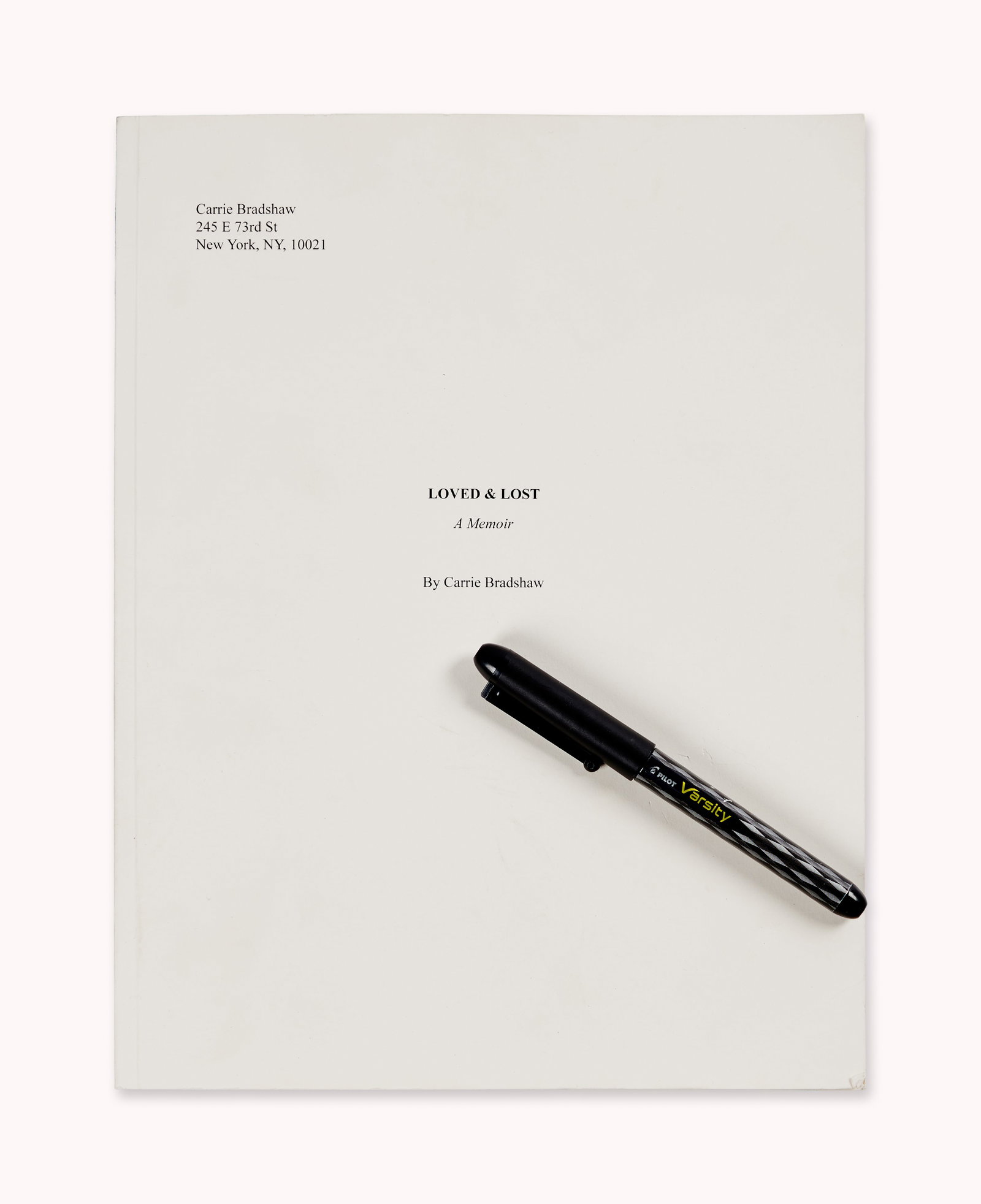 And Just Like That... | Carrie Bradshaw Loved and Lost Manuscript B: A production-made prop of a bound manuscript draft of "Loved and Lost: A Memoir," the book Carrie writes after losing her husband and longtime flame "Mr. Big." The prop is printed with Carrie's name a