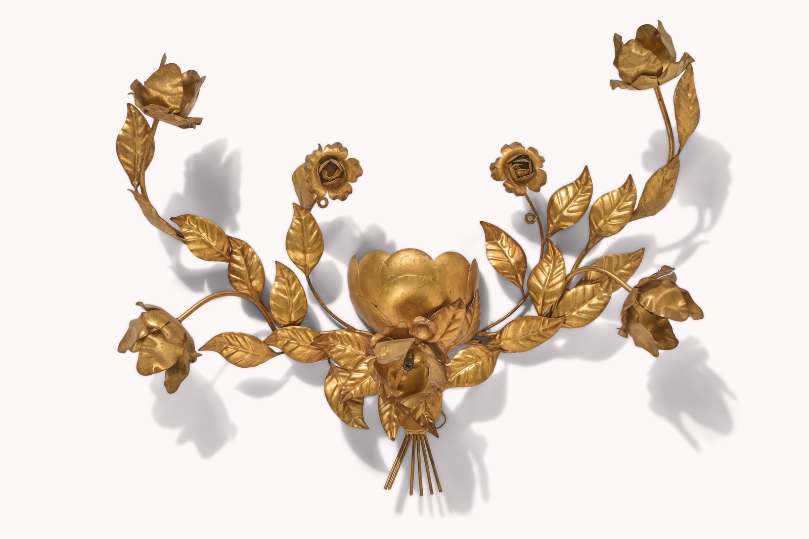 And Just Like That... | Carrie Bradshaw's Pair of Italian Painted and Parcel Gilt Tole Wall Sconces: A pair of Mid-century enamel painted and parcel gilt tole hydrangea wall sconces marked "Made in Italy." One of these sconces was located in Carrie's bedroom. A one-time donation will be made by Warne