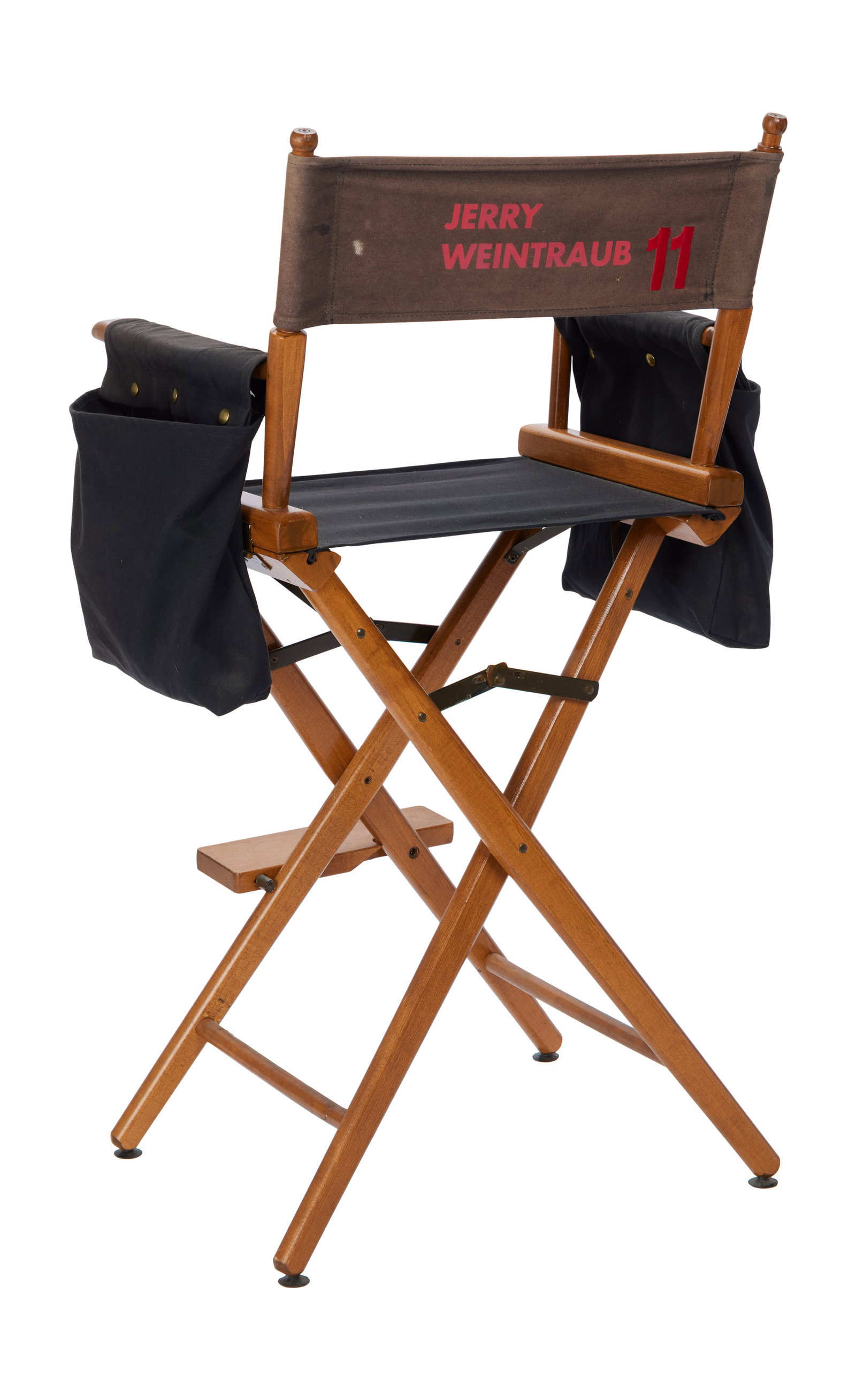 Jerry Weintraub | "Ocean's Eleven" Director's Chair: A tall folding wood chair from the production of Ocean's Eleven (Warner Bros., 2001) with personalized chair back, footrest, and two side script pockets.