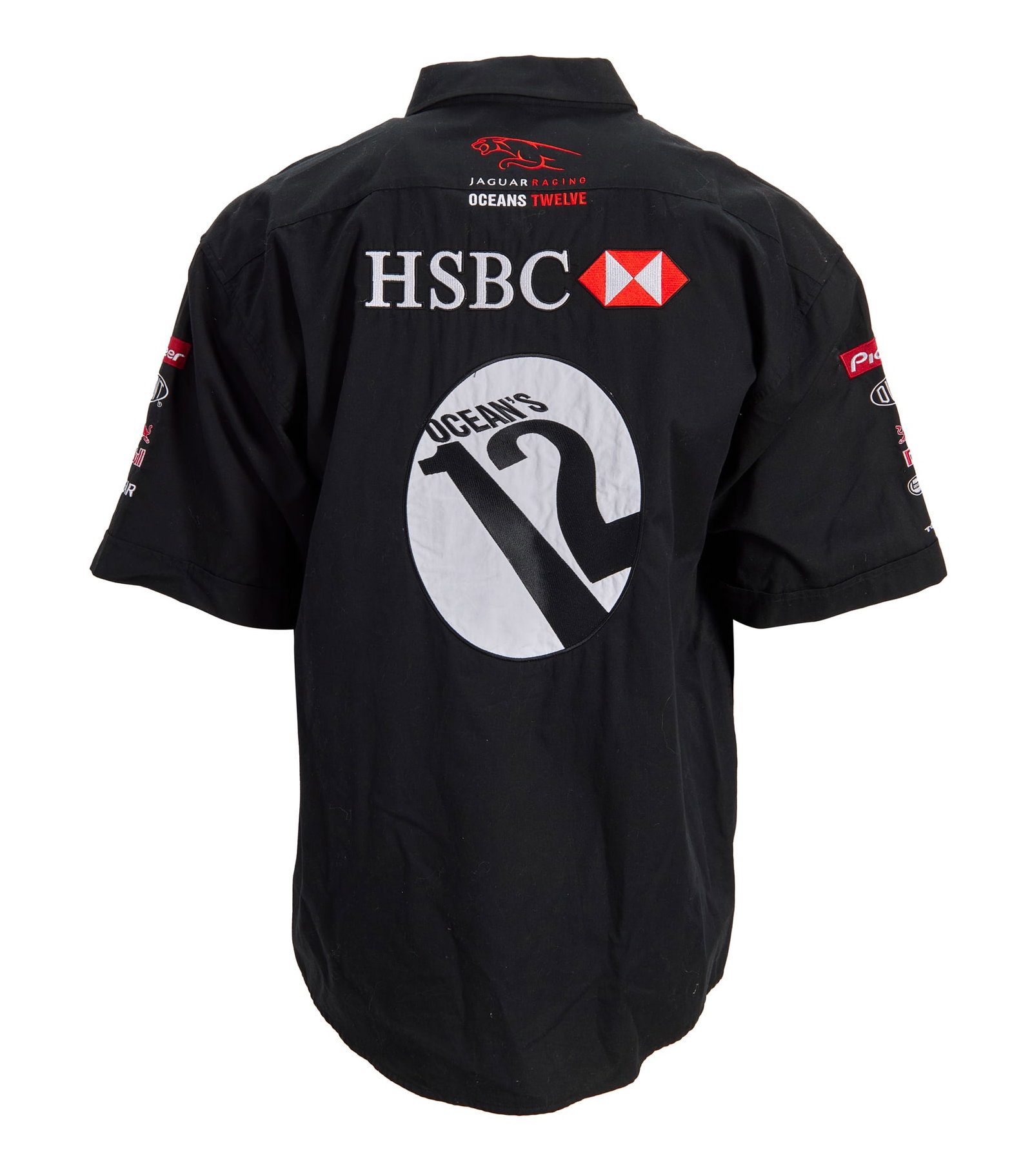 Jerry Weintraub | "Ocean's Twelve" Jaguar Racing Shirt: A black button-up shirt featuring stitched logos for Ocean's Twelve (Warner Bros., 2004), Jaguar Racing, HSBC, AT&T, and more. Size 18 ?. Jaguar had product placement featured in Ocean's Twelve, and