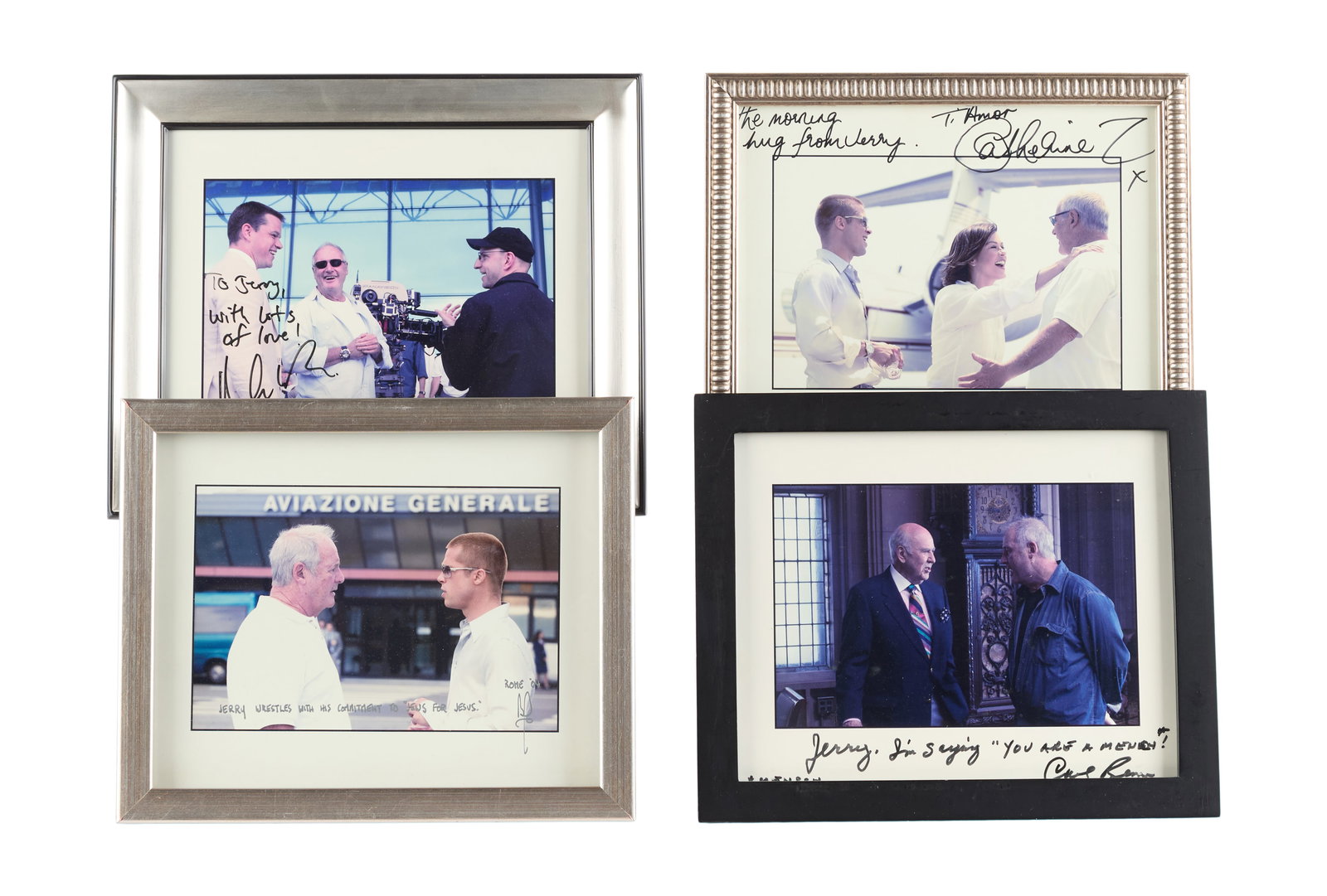 Jerry Weintraub | "Ocean's Twelve" Signed Cast Photos: A group of four framed photos of the cast of Ocean's Twelve (Warner Bros., 2004) with producer Jerry Weintraub, including:A color photo of Weintraub with Brad Pitt, signed and inscribed by Pitt.A