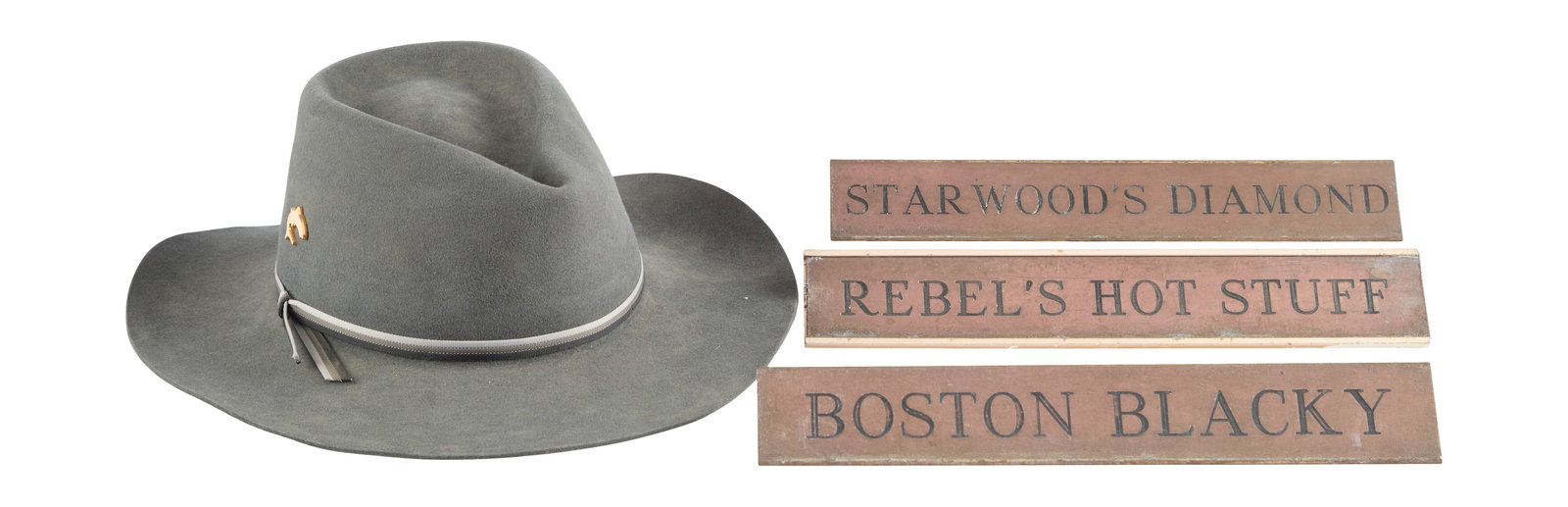 Jerry Weintraub | Hat and Horse Name Plaques: A gray western hat, Akubra brand, marked "Greg Norman Collection" and "The Great White Shark." Together with three horse name plaques for Boston Blacky, Rebel's Hot Stuff, and Starwood's Diamond.