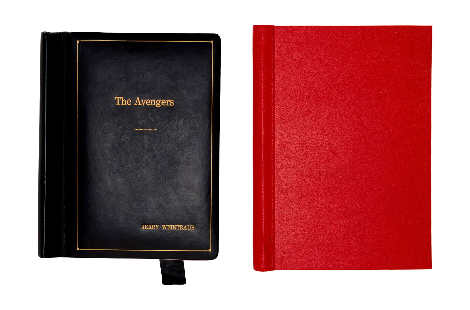 Jerry Weintraub | "The Avengers" Cast-Signed Script: A personalized presentation folio with gold embossed title and name on cover, containing a revised final production script signed for The Avengers (Warner Bros., 1998) and inscribed on the title page