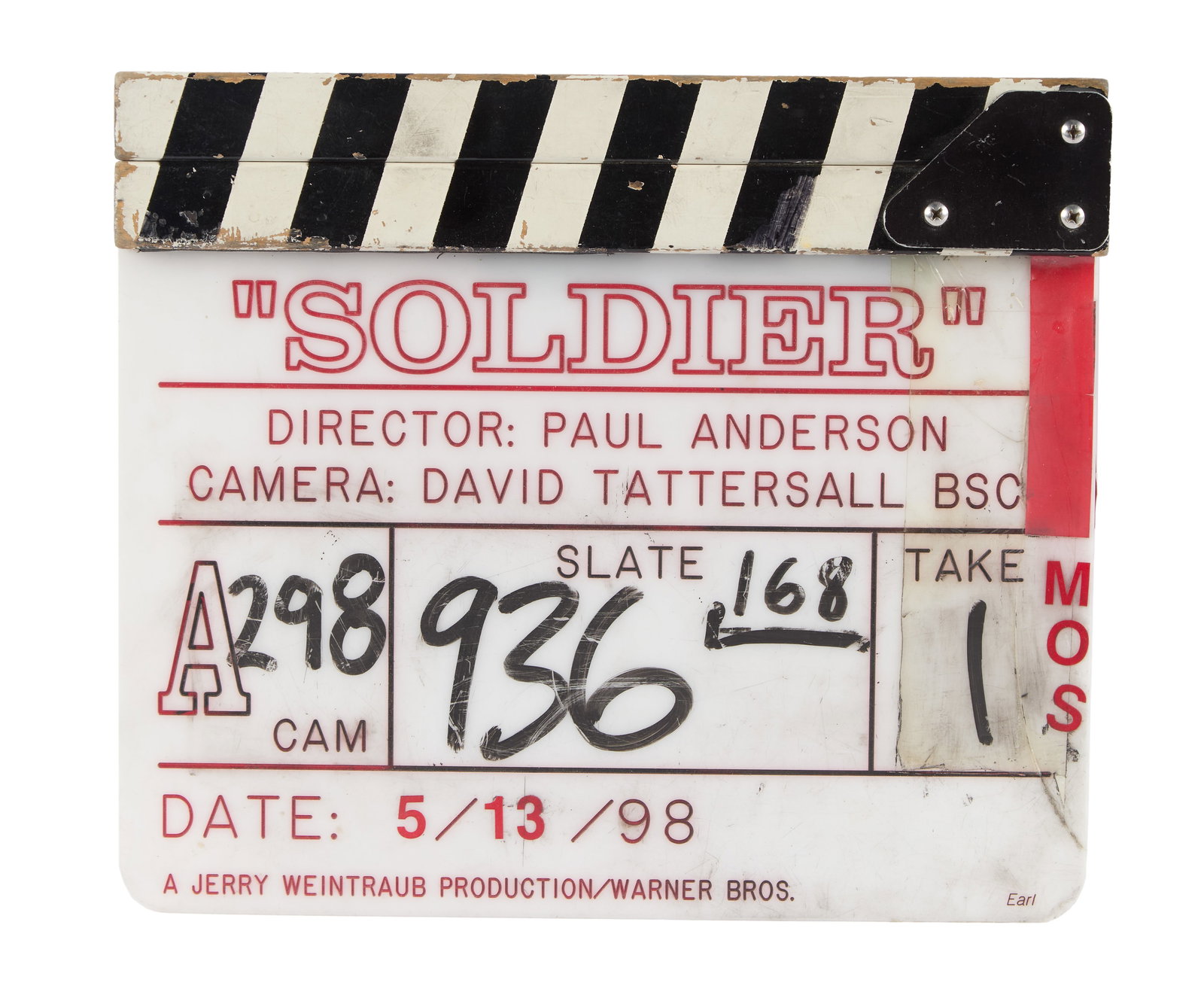 Jerry Weintraub | "Soldier" Clapperboard: A production used clapperboard from Soldier (Warner Bros., 1998), directed by Paul W.S. Anderson.
