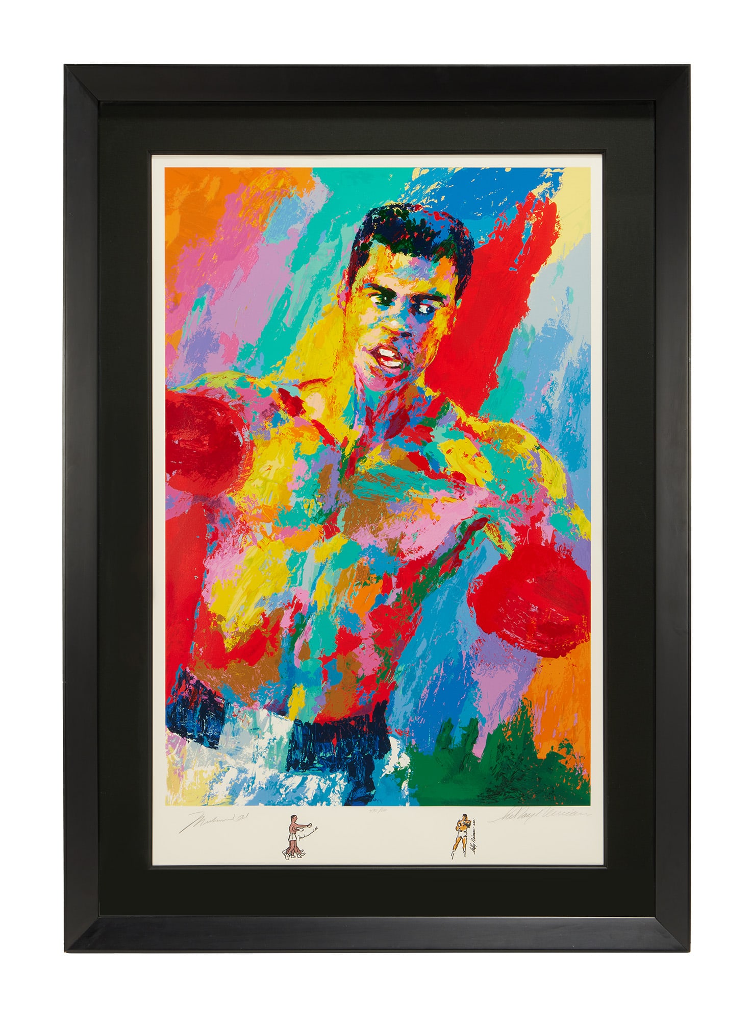 Jerry Weintraub | LeRoy Neiman Muhammad Ali Signed Print: A large print of boxer Muhammad Ali by American artist LeRoy Neiman. Numbered 190/850. Signed by Ali (bottom left) and Neiman (bottom right). Housed in a black frame with a black mat.