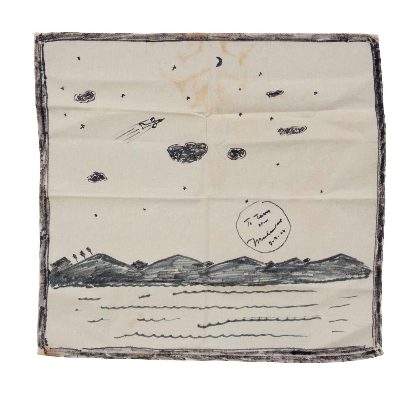 Jerry Weintraub | Muhammad Ali Inscribed Cloth Napkin Artwork: An original cloth napkin artwork that Muhammad Ali completed in black marker and inscribed that features the ocean, an airplane, and the coast. The inscription reads, "To Jerry / Muhammad Ali /