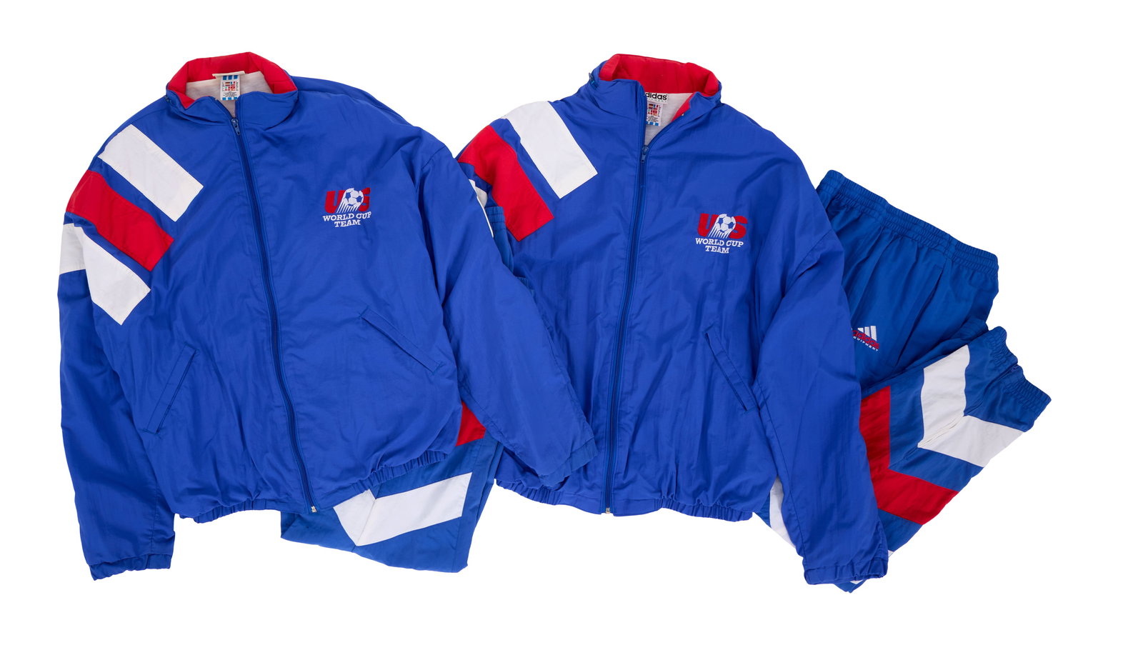 Jerry Weintraub | US World Cup Team Ensembles: Two sets of windbreakers and track pants with the US World Cup Team graphic on the front and USA on the back side. One arm on each windbreaker features an Adidas Equipment patch. 