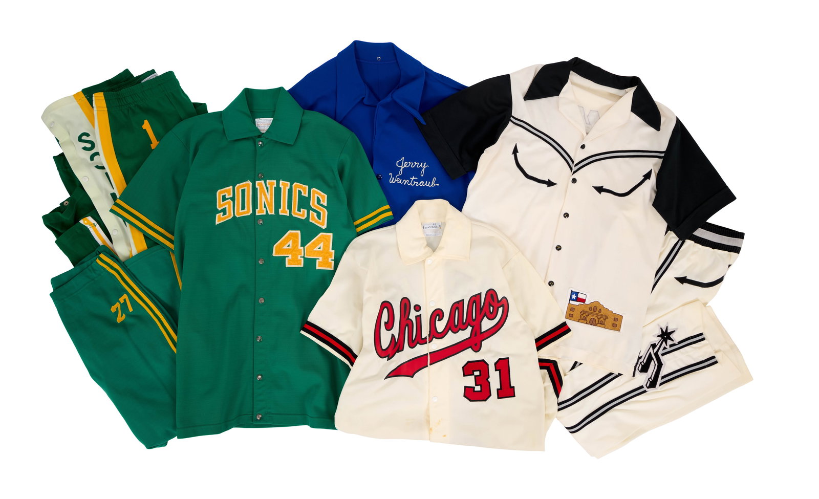 Jerry Weintraub | Group of Basketball Clothing: An original group of basketball related clothing including a Seattle Sonics button-up shirt and trousers, a "New York Nets" Jerry Weintraub shirt, San Antonio Spurs shirt, and a Chicago Bulls