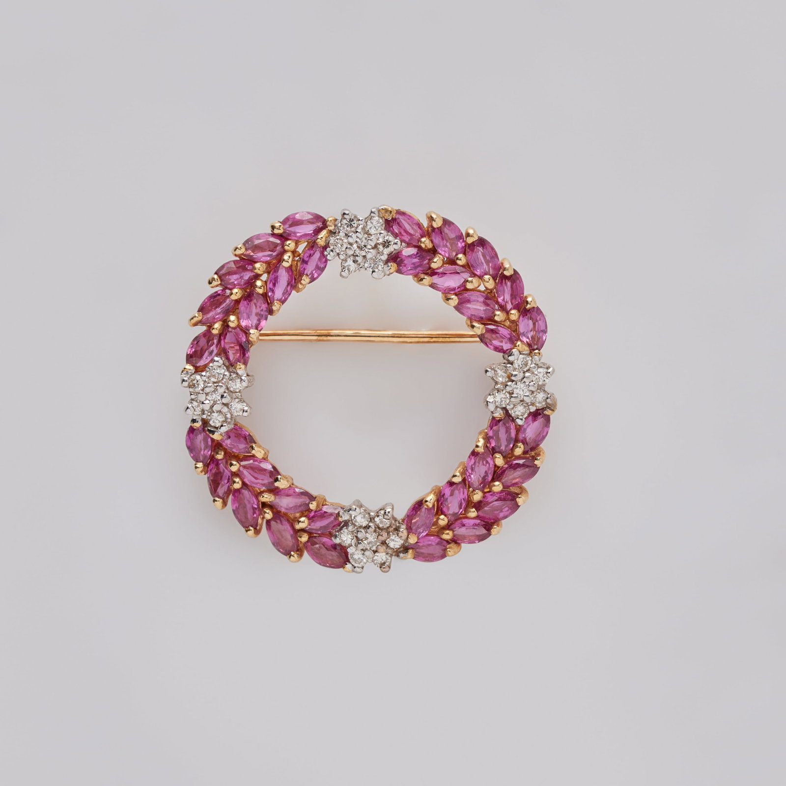 Jerry Weintraub | 14K Yellow Gold, Pink Sapphire and Diamond Circle Pin (1 of 2)