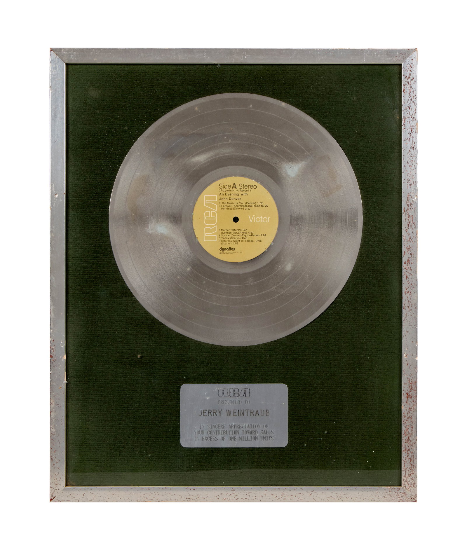 Jerry Weintraub | John Denver "An Evening with John Denver" Platinum Record Award (1 of 2)