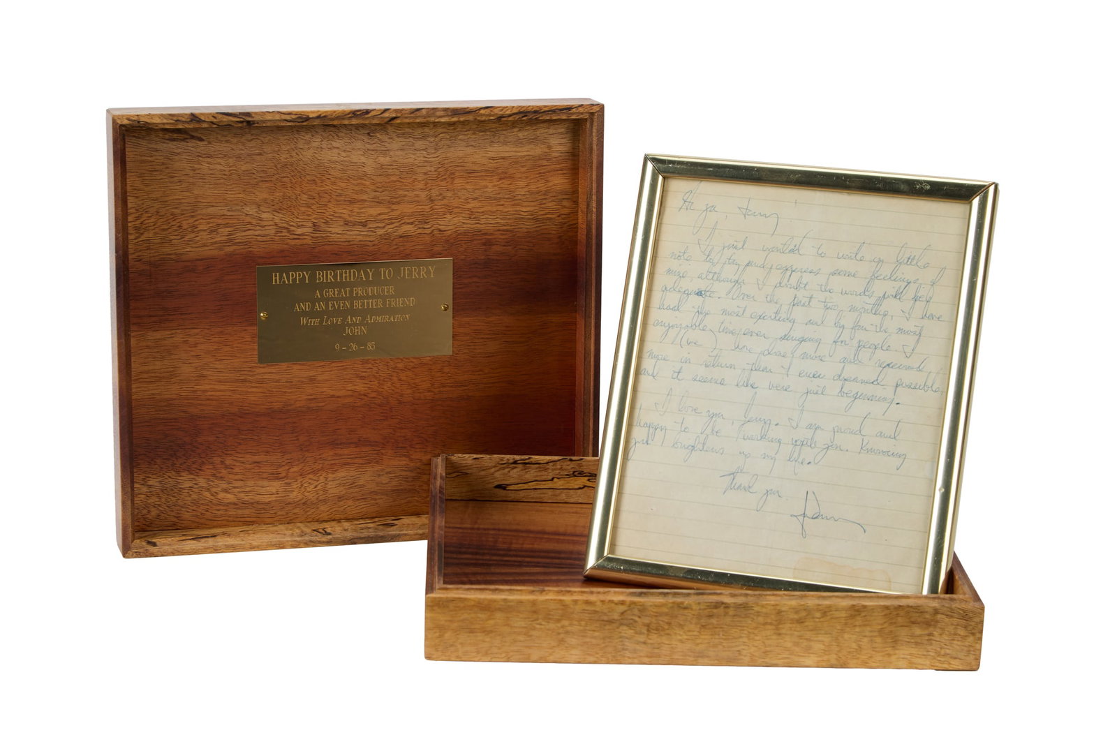 Jerry Weintraub | John Denver Signed Note and Gifted Box: A wood box gifted to Jerry Weintraub by John Denver, with a metal plaque which reads, "HAPPY BIRTHDAY TO JERRY / A GREAT PRODUCER / AND AN EVEN BETTER FRIEND / WITH LOVE AND ADMIRATION / JOHN / 9-26-8