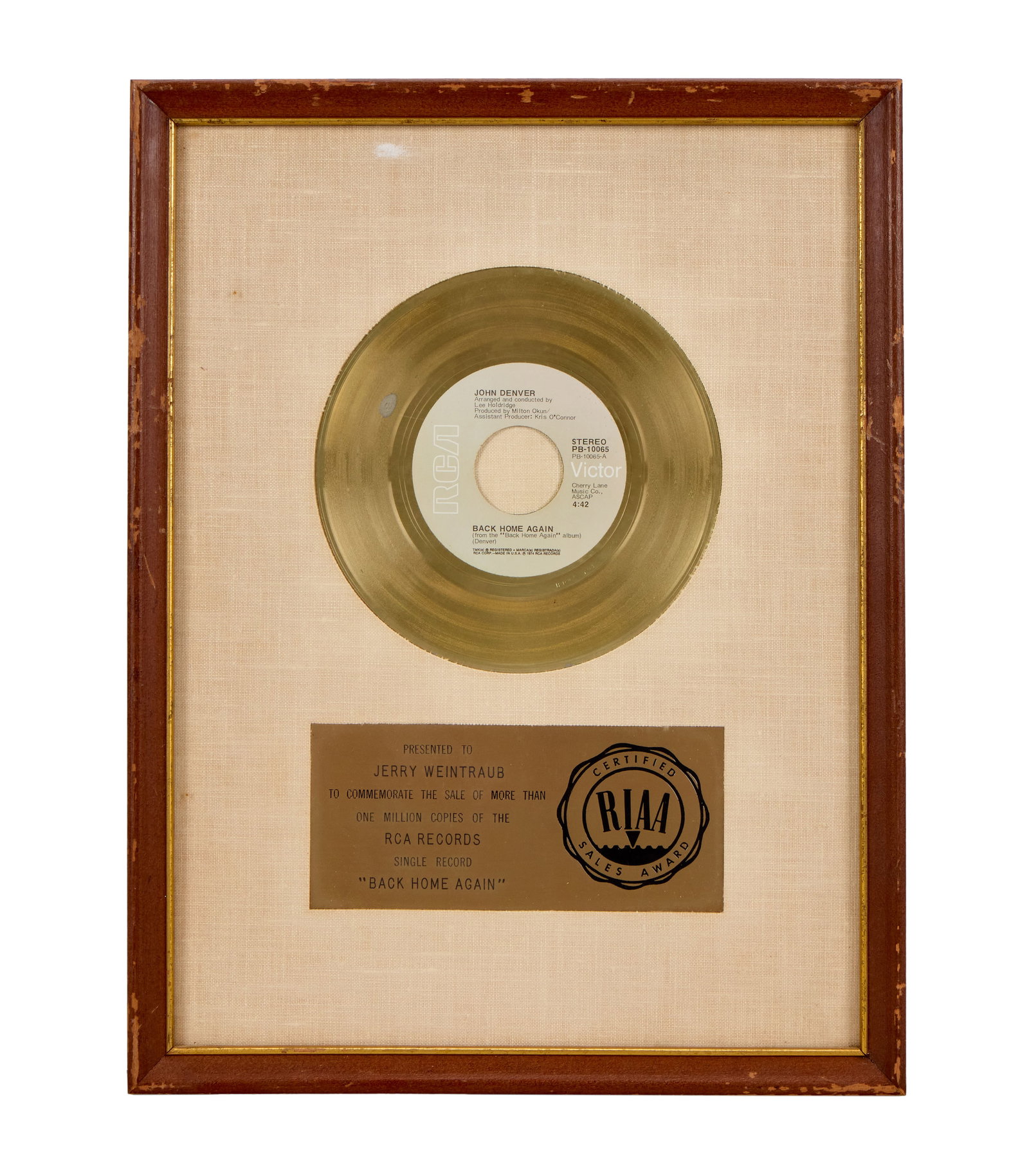 Jerry Weintraub | John Denver "Back Home Again" RIAA Gold Record Award (1 of 2)