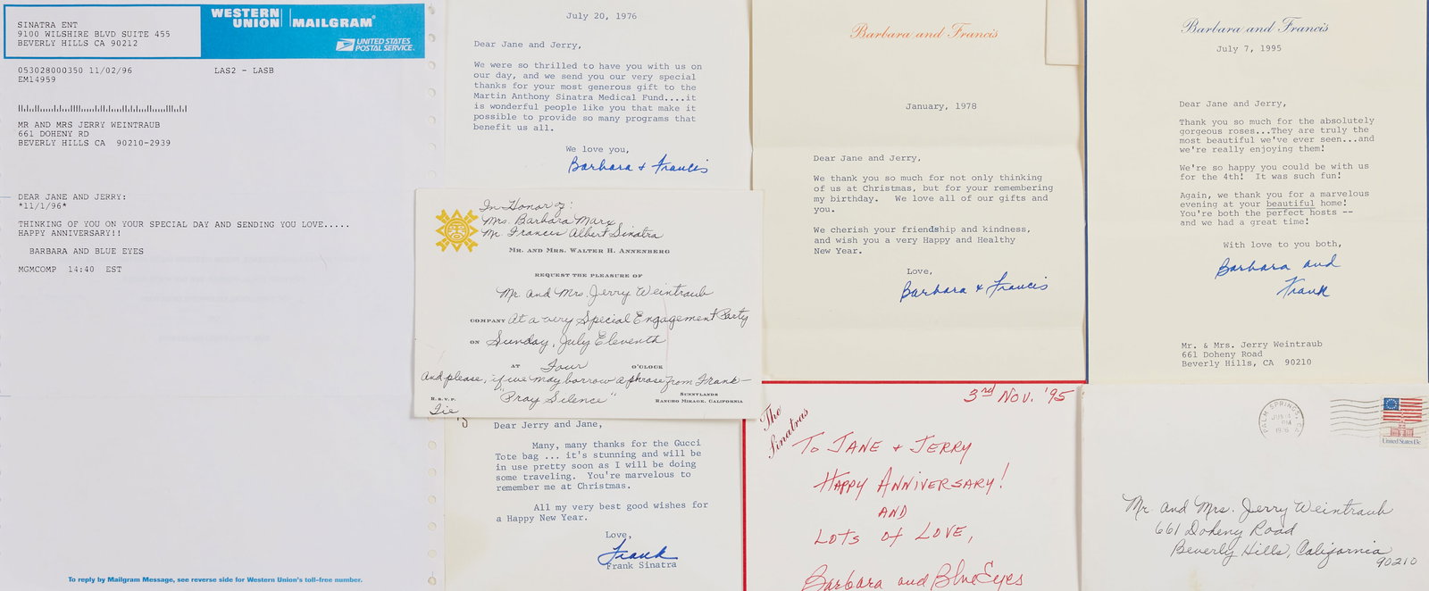 Jerry Weintraub | Frank Sinatra Correspondence: A group of correspondence sent to Jerry Weintraub and Jane Morgan from Frank and Barbara Sinatra, including: A January 7, 1975 card from Sinatra, thanking Weintraub and Morgan for their recent gift o
