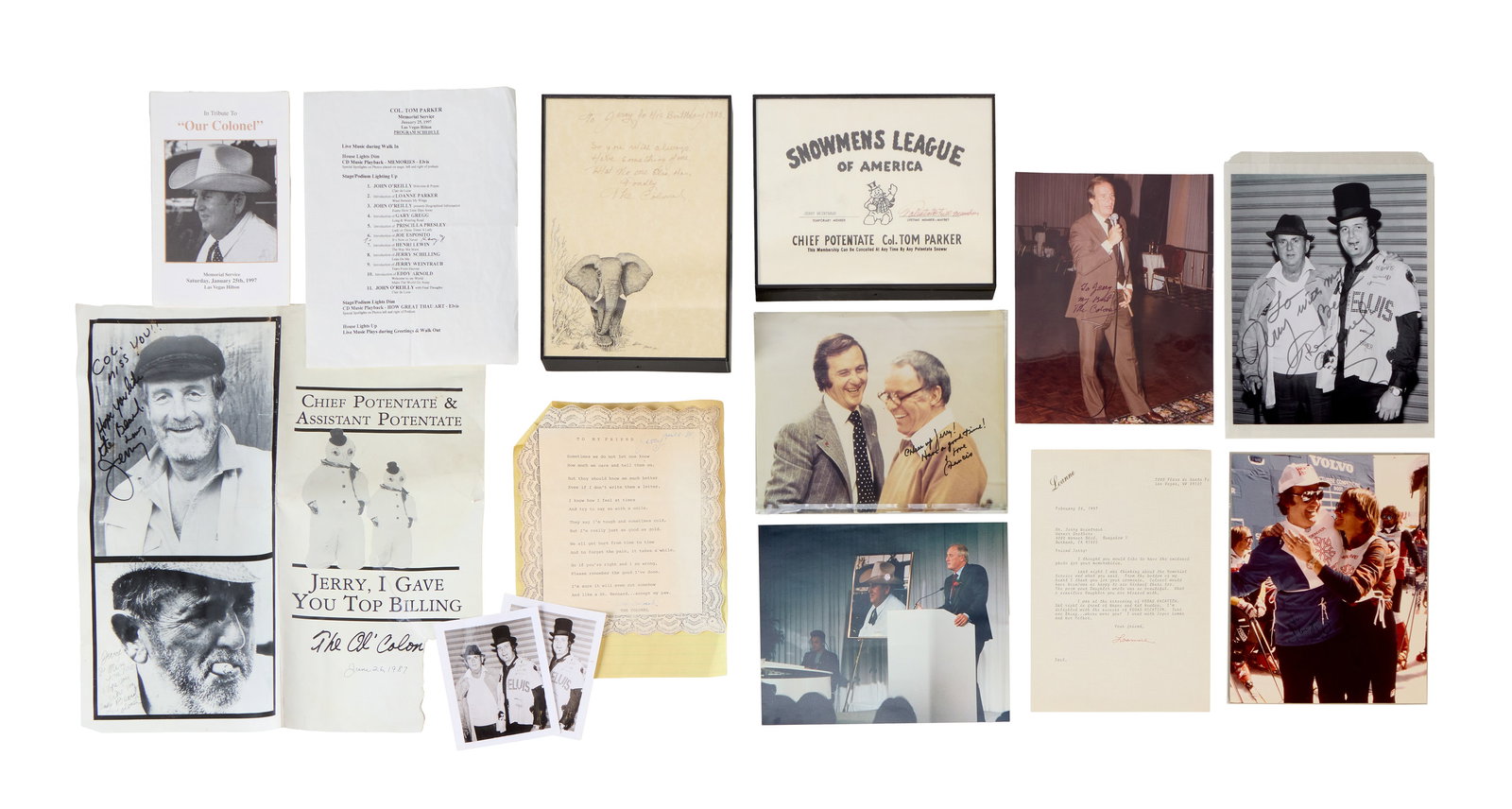 Jerry Weintraub | Colonel Tom Parker Signed Items: A group of photographs and ephemera relating to legendary talent manager "Colonel" Tom Parker. All from the collection of Jerry Weintraub, who considered Parker both a friend and a mentor. The