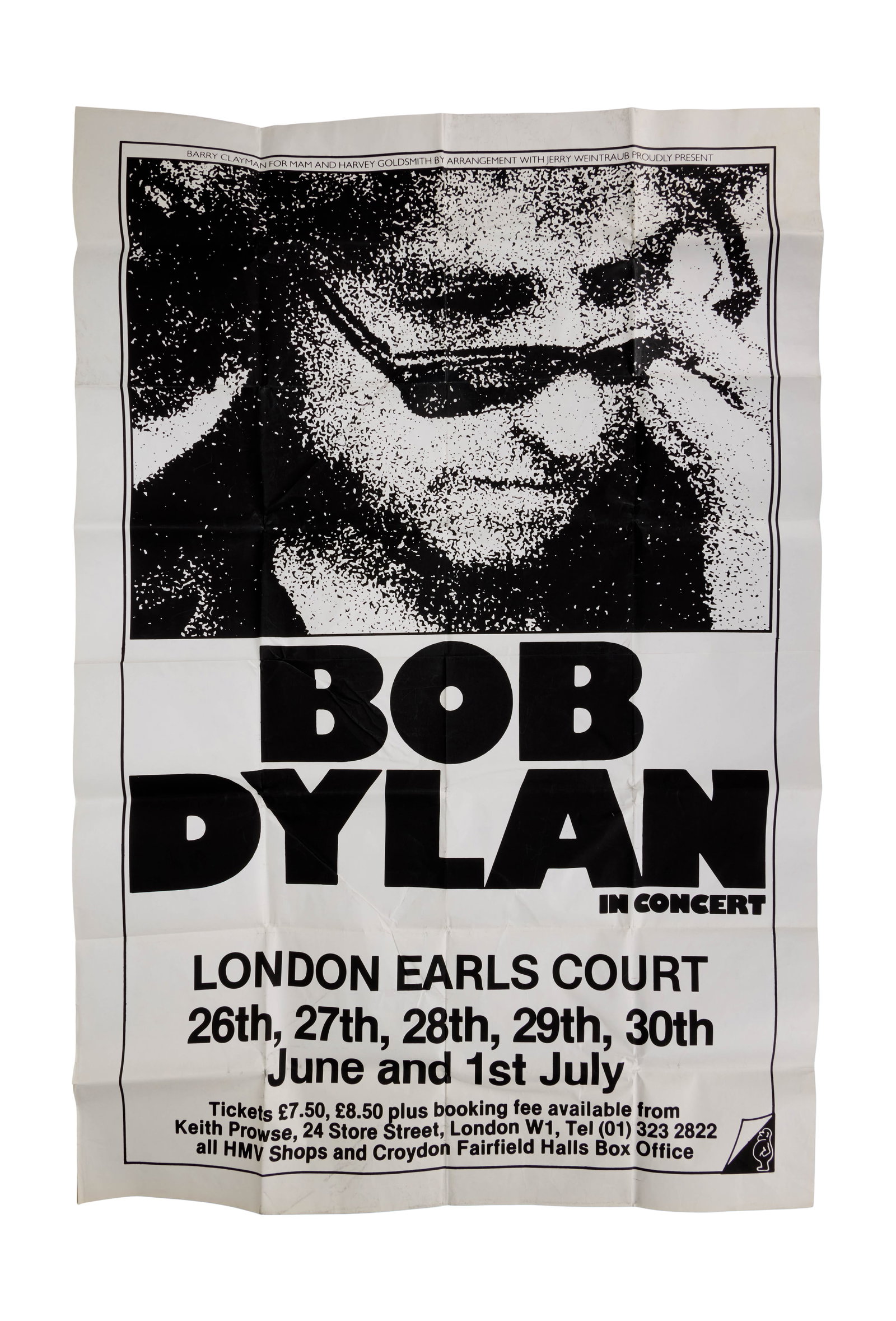 Jerry Weintraub | Bob Dylan Concert Poster: An oversized concert poster, which unfolded is approximately 60" x 41", for Bob Dylan In Concert at the London Earls Court, a series of concerts held on June 26, 27, 28, 29, 30, and July 1, 1981.