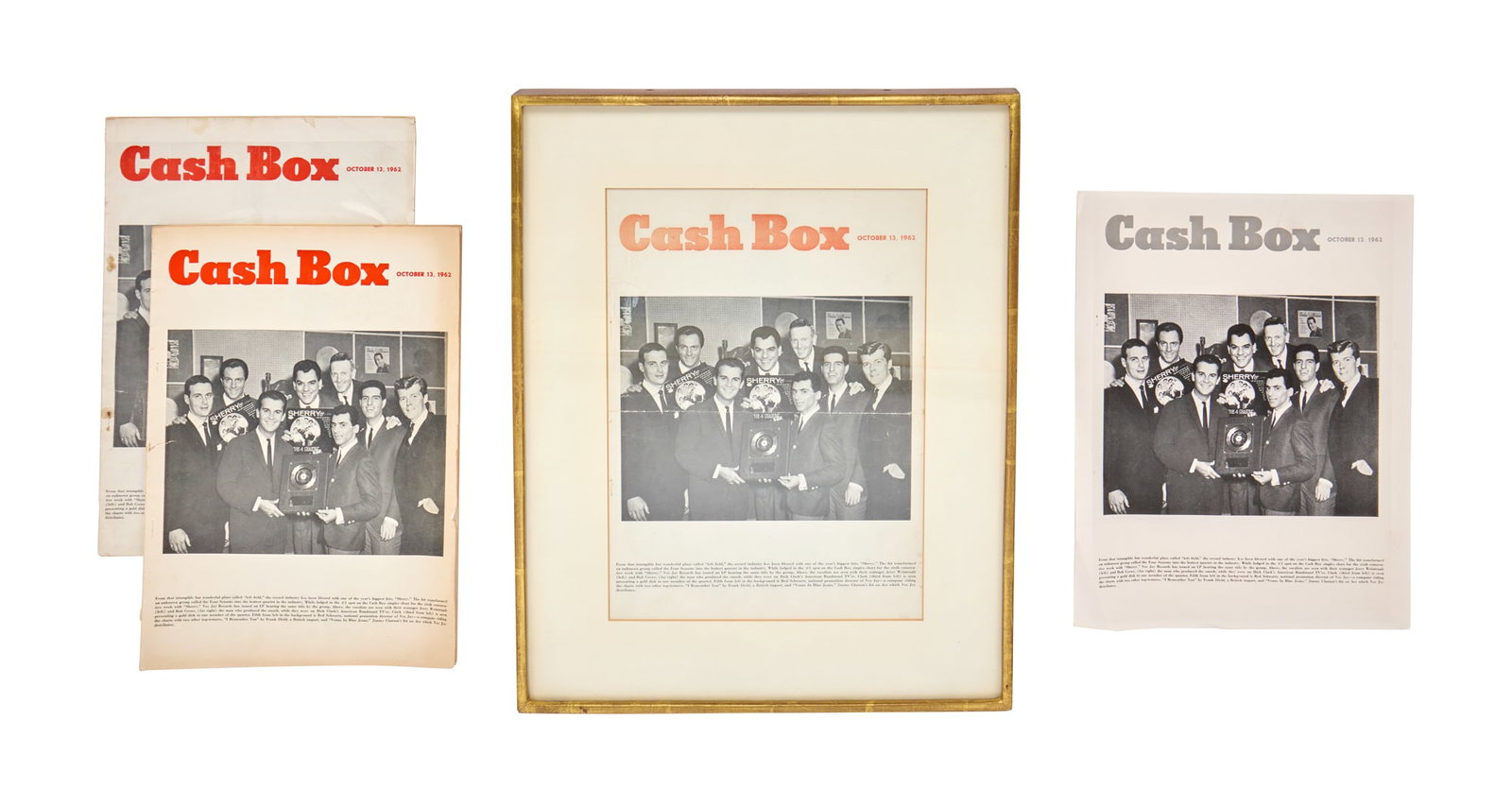 Jerry Weintraub | The Four Seasons "Cash Box" Magazines: Two vintage Cash Box magazines from October 13, 1962, featuring the group The Four Seasons on the cover, along with their manager, Jerry Weintraub, being presented with a gold record award for their h