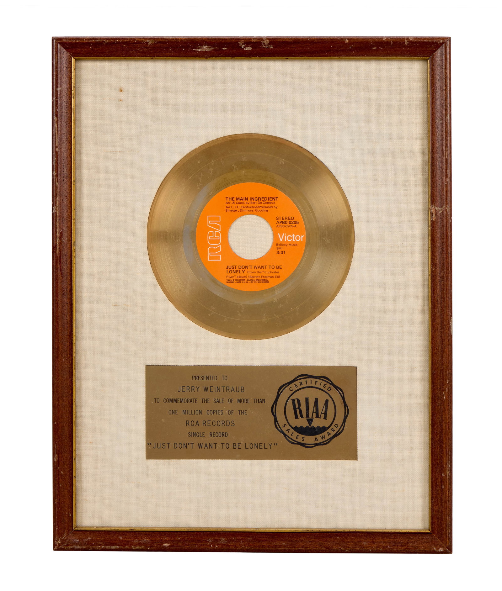 Jerry Weintraub | The Main Ingredient "Just Don't To Be Lonely" RIAA Gold Record Award (1 of 2)