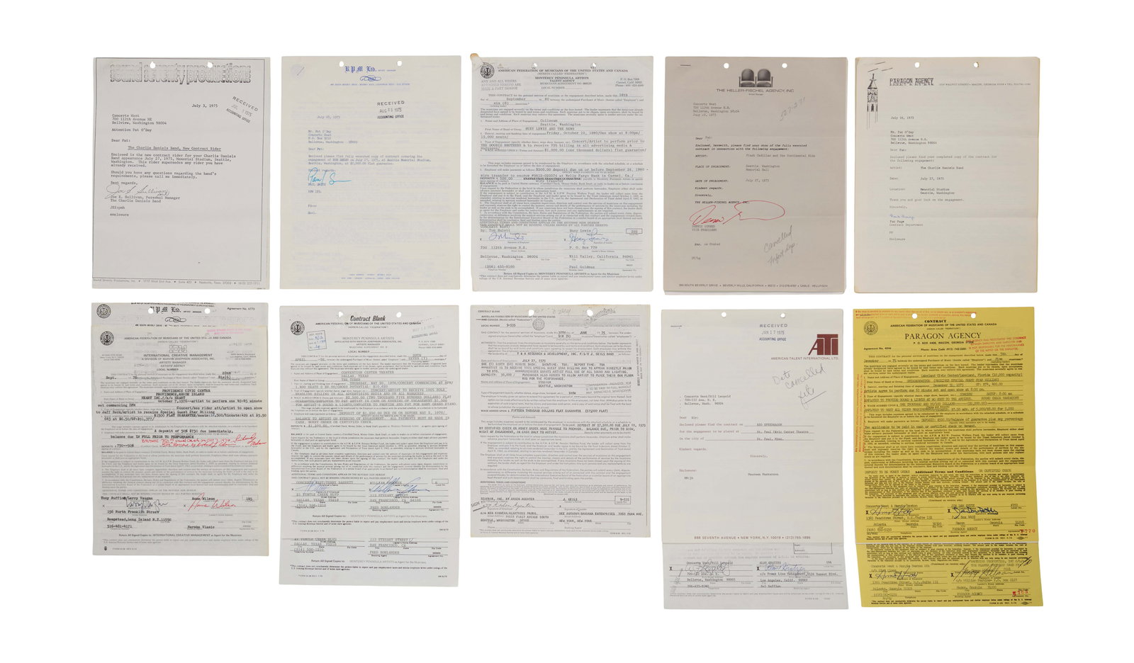 Jerry Weintraub | Assorted Music Contracts (A): A group of original contracts for performances organized by Jerry Weintraub's live concert production company Concerts West. Included in this grouping are two copies of The Charlie Daniels Band contra