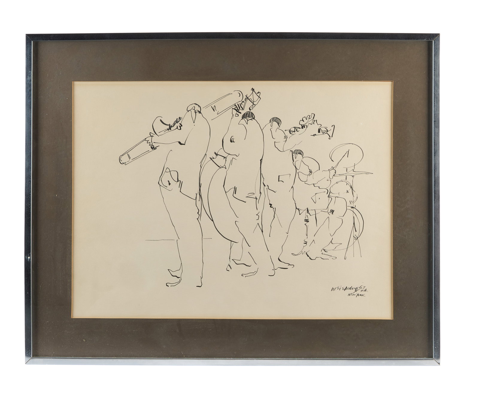 Jerry Weintraub | Leo Meiersdorff Jazz Musicians Drawing: A pen and ink on paper drawing titled "Jazz Musicians," signed, dated and inscribed "Meiersdorf 67/ Tcb/ New York" lower right by Leo Meiersdorff (American/German, 1934-1994).