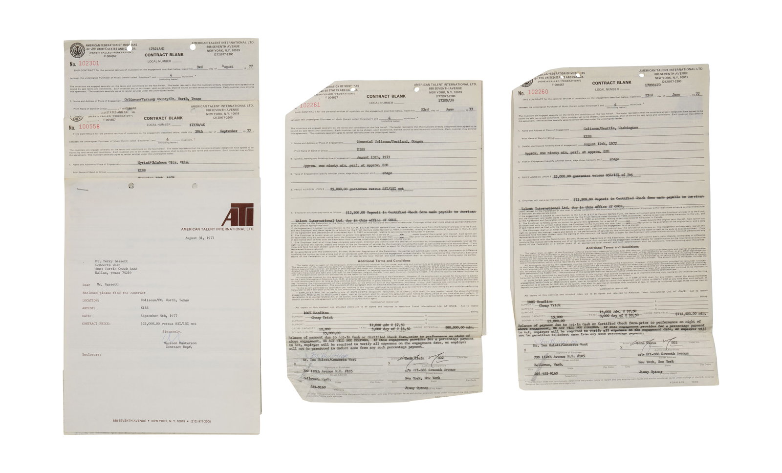 Jerry Weintraub | Gene Simmons Signed KISS Contract Group: An original group of five contracts signed by Gene Simmons (Gene Klein) for the band KISS, from the archives of live concert manager and producer Jerry Weintraub. The contracts are dated between June