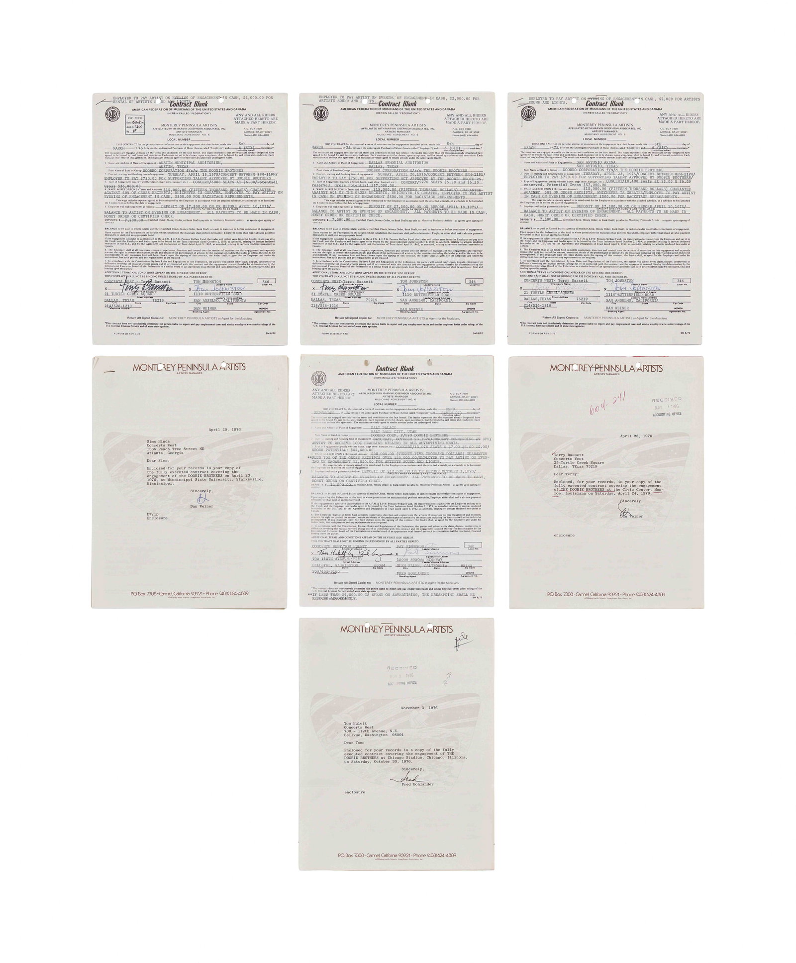 Jerry Weintraub | Pat Simmons and Tom Johnston Signed The Doobie Brothers Contract Group: An original group of Pat Simmons and Tom Johnston signed contracts for The Doobie Brothers, from the archives of live concert manager and producer Jerry Weintraub. Included in this grouping are three