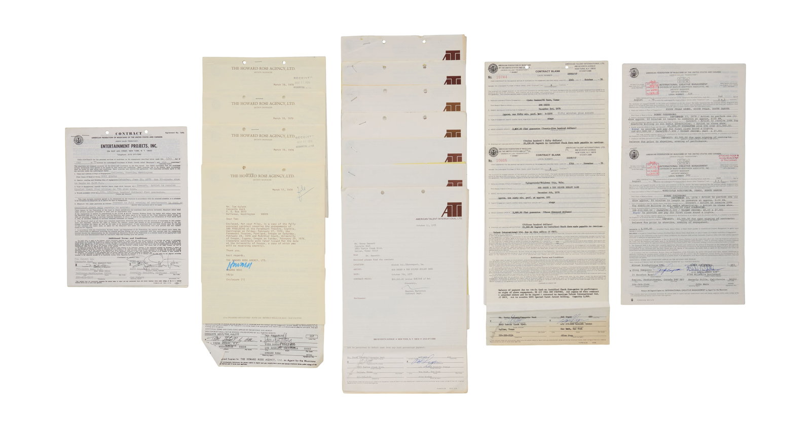 Jerry Weintraub | Assorted Music Contracts (D): An original group of signed contracts from the archive of live concert manager and producer Jerry Weintraub including Bobby Goldsboro, Bob Seger & The Silver Bullet Band, Suzi Quatro, and Dan Fogelber