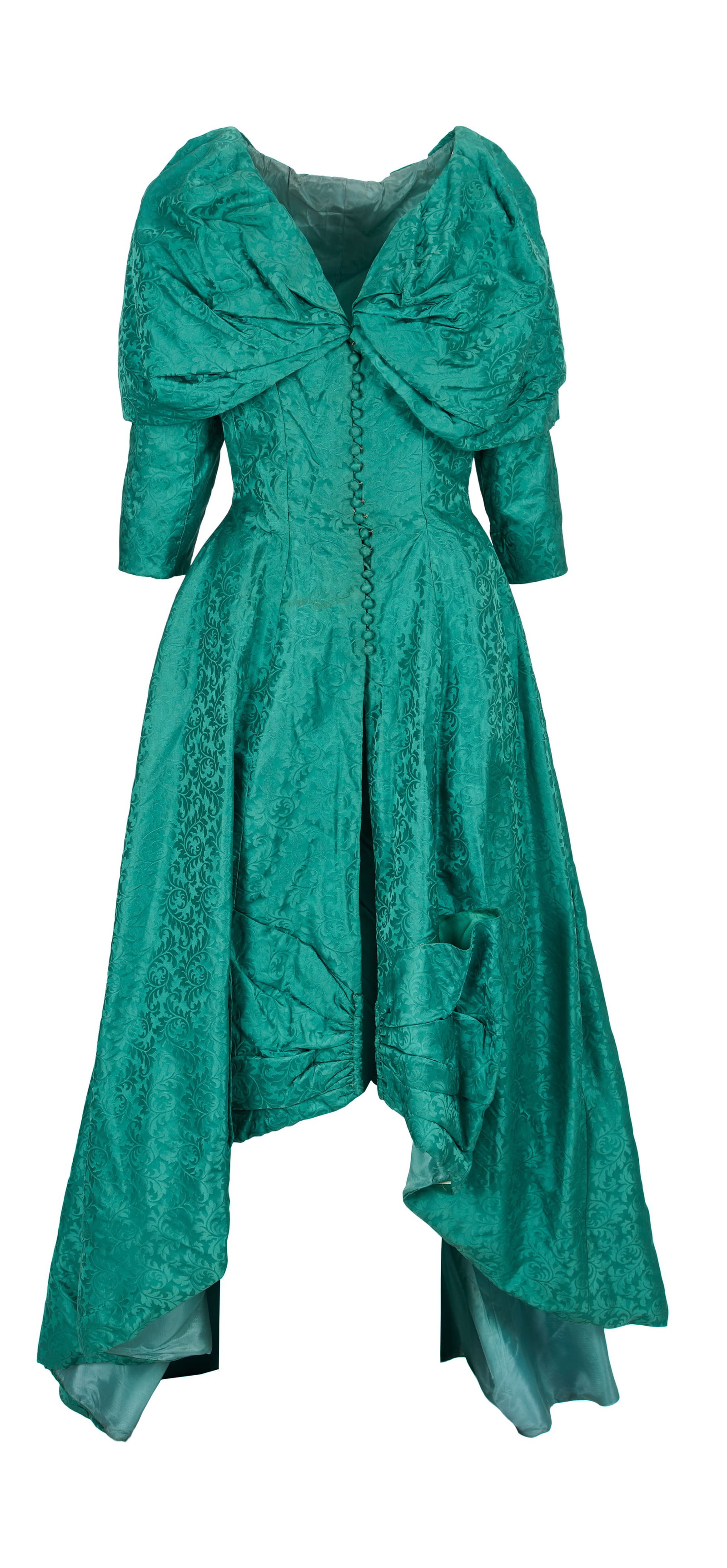 Jane Morgan | Teal Green Evening Coat: A teal green silk brocaded evening coat, from the personal collection of Jane Morgan. It features a fitted bodice, elbow length, gathered, ruched puff sleeves.