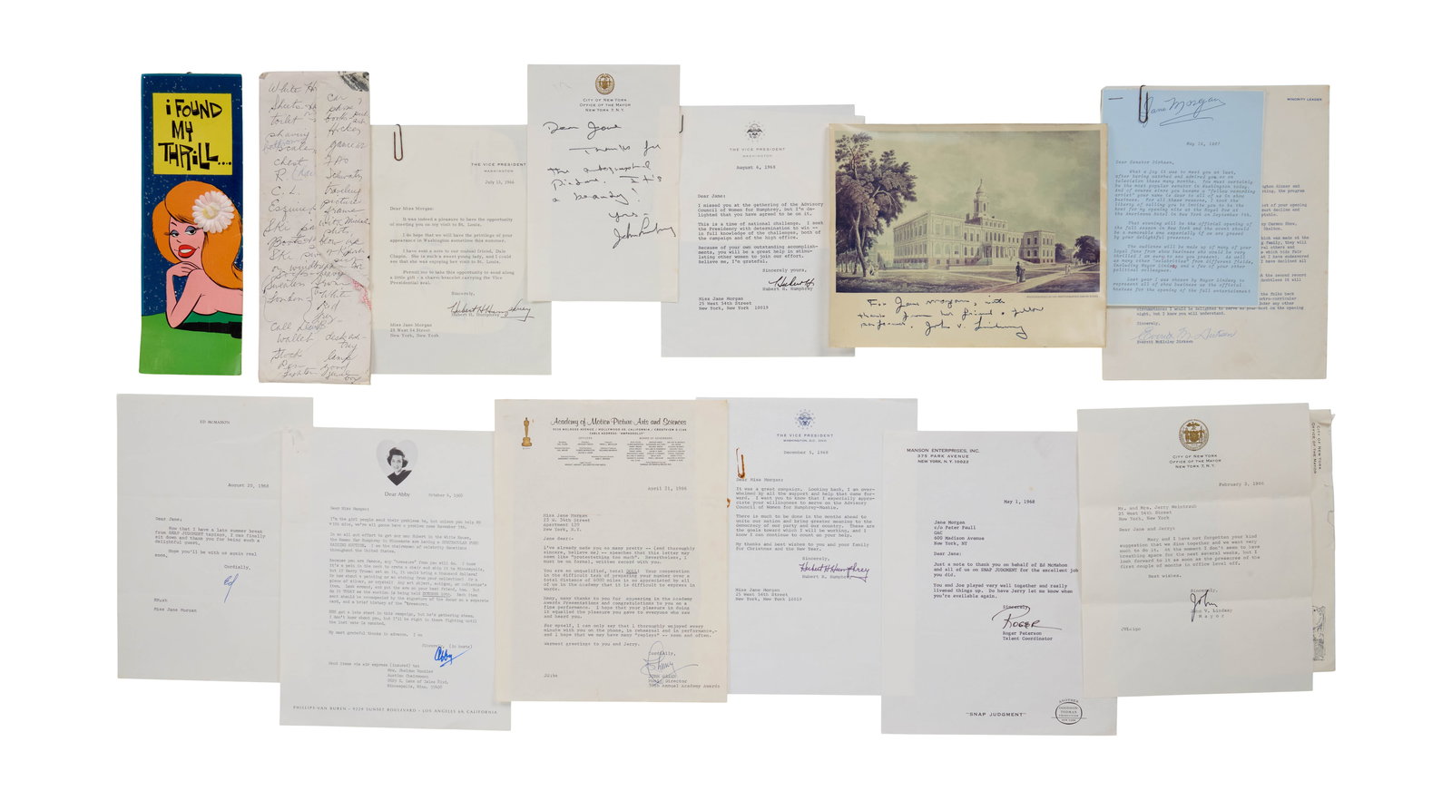 Jerry Weintraub | Jane Morgan Correspondence: A variety of correspondence sent to Jane Morgan during the late 1960s, including: A February 3, 1966 letter to Mr. and Mrs. Jerry Weintraub from New York Mayor John V. Lindsay. Signed by Lindsay. An