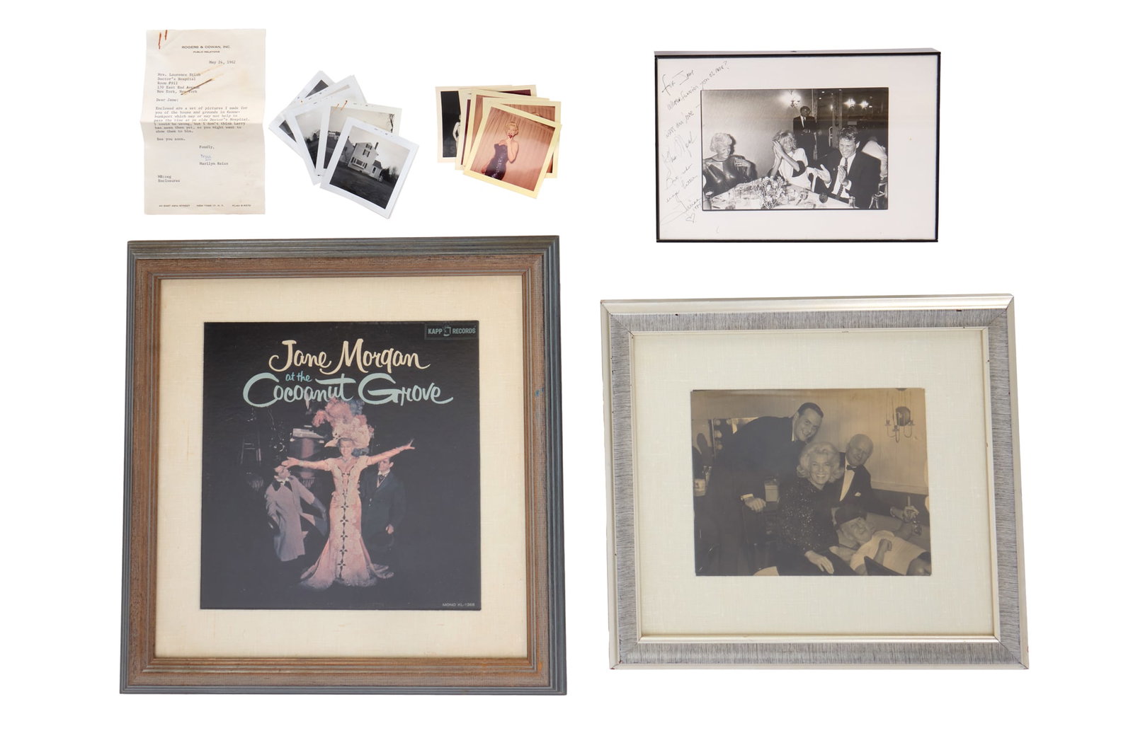 Jerry Weintraub | Jane Morgan Photo Group: A group of Jane Morgan related photographs including a signed black and white photo of Farrah Fawcett and Ryan O'Neal; a black and white photo of Morgan, Jerry Weintraub, Colonel Tom Parker; and