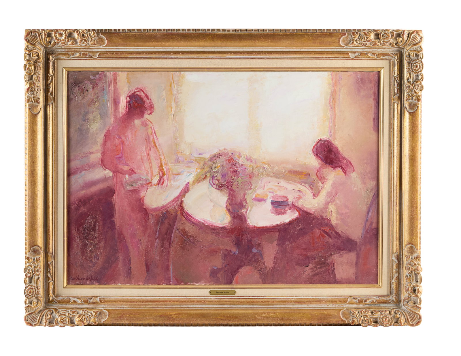 Jerry Weintraub | Joan Beltran Bofill "La Ventana" Painting: An oil on canvas painting of women in an interior, titled "La Ventana," depicting one figure seated at a table and one ironing, signed lower left by Joan Beltran Bofill (Spanish, 1934-2009).