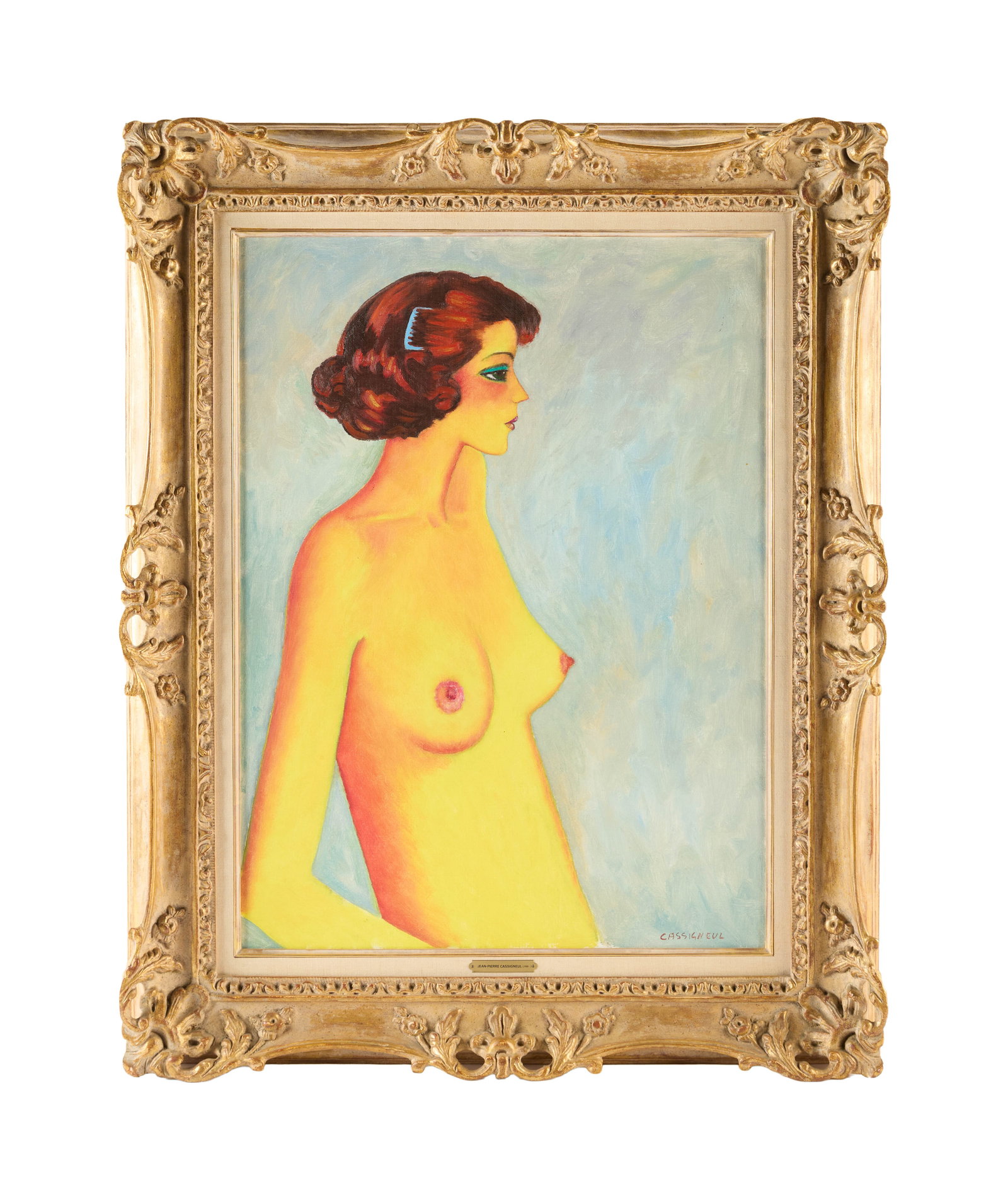 Jerry Weintraub | Jean-Pierre Cassigneul Female Nude with Blue Comb in her Hair: An oil on canvas painting of a nude woman with a blue comb in her hair, signed lower right by Jean-Pierre Cassigneul (French, B. 1935). Cassigneul studied at the Ecole des Beaux-Arts in Paris. Many of