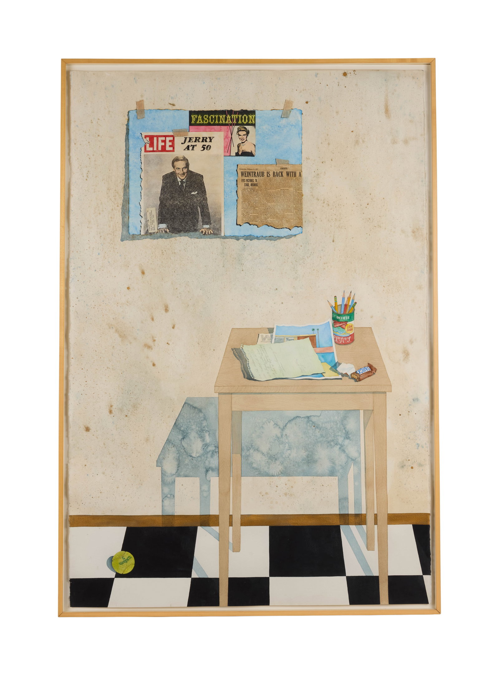 Jerry Weintraub | Deborah Baca Watercolor Collage: A watercolor and collage on paper artwork titled "Fascination (for Jerry's 50th Birthday," dated 1987 and signed and inscribed "Happy Birthday/ Baca 87" by Deborah Baca (American, 20th century). From