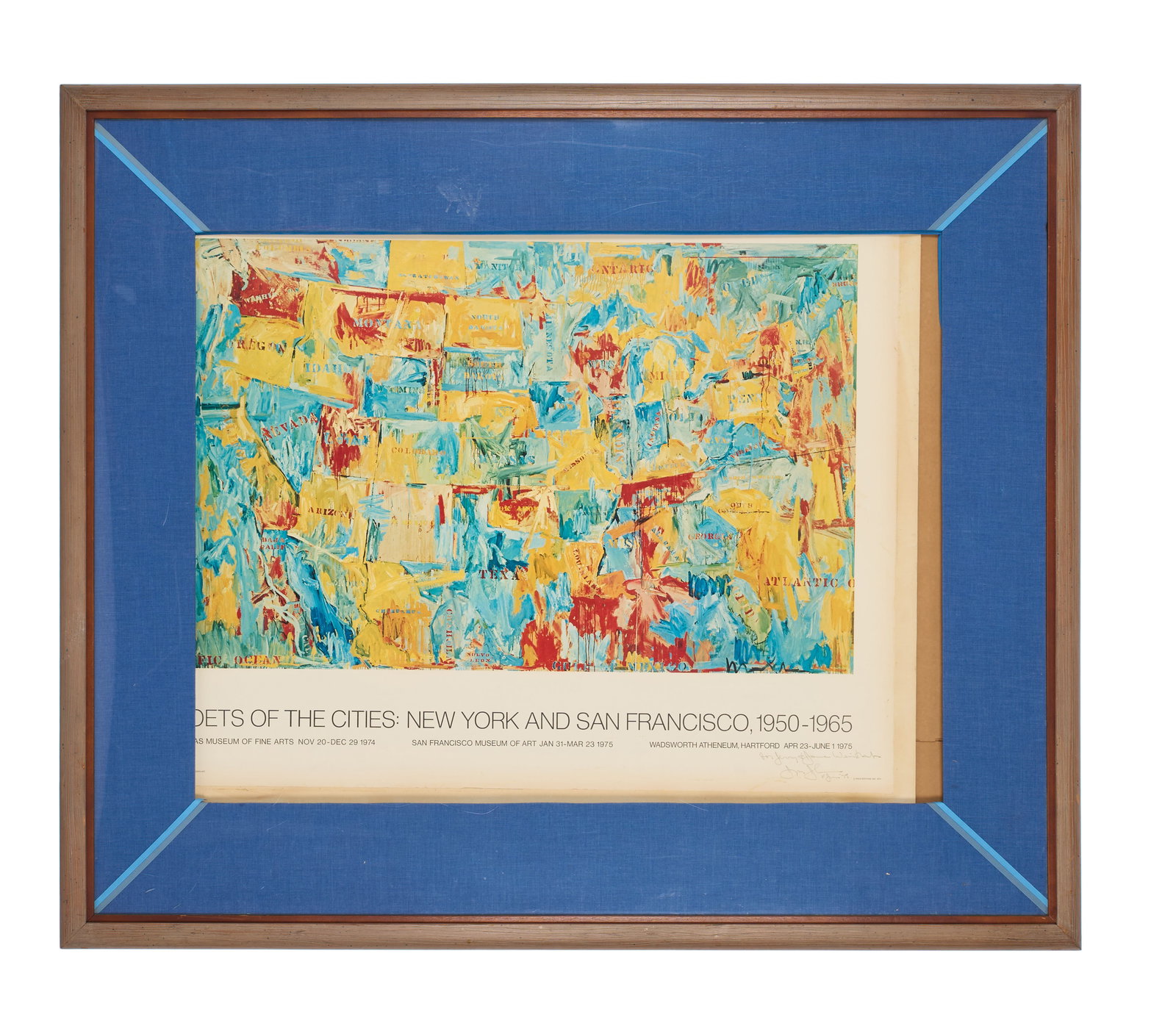 Jerry Weintraub | "Jasper Johns: Poets of the Cities" 1974 Exhibition Poster: An offset lithograph poster for the Jasper Johns show "Poets of the Cities: New York and San Francisco, 1950-1965," held at Pace Galleries in 1974-1975, signed, dated and inscribed, "For Jerry and Jan