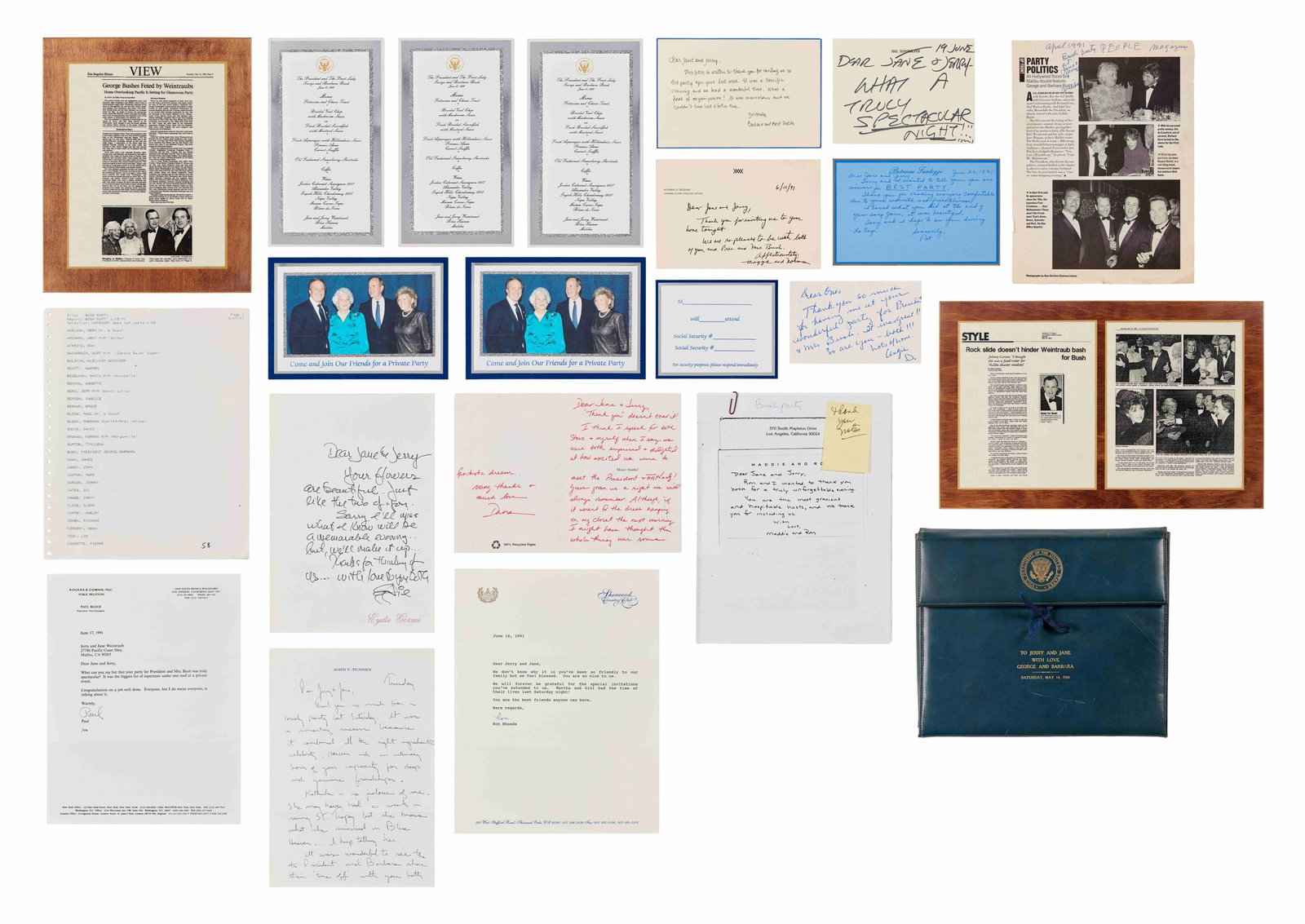 Jerry Weintraub | George H.W. Bush Fundraiser Ephemera: A group of items related to two fundraisers for George H.W. Bush, one in 1983 (when he was Vice President) and one in 1991 (when he was President), including: A leather portfolio bearing the seal of